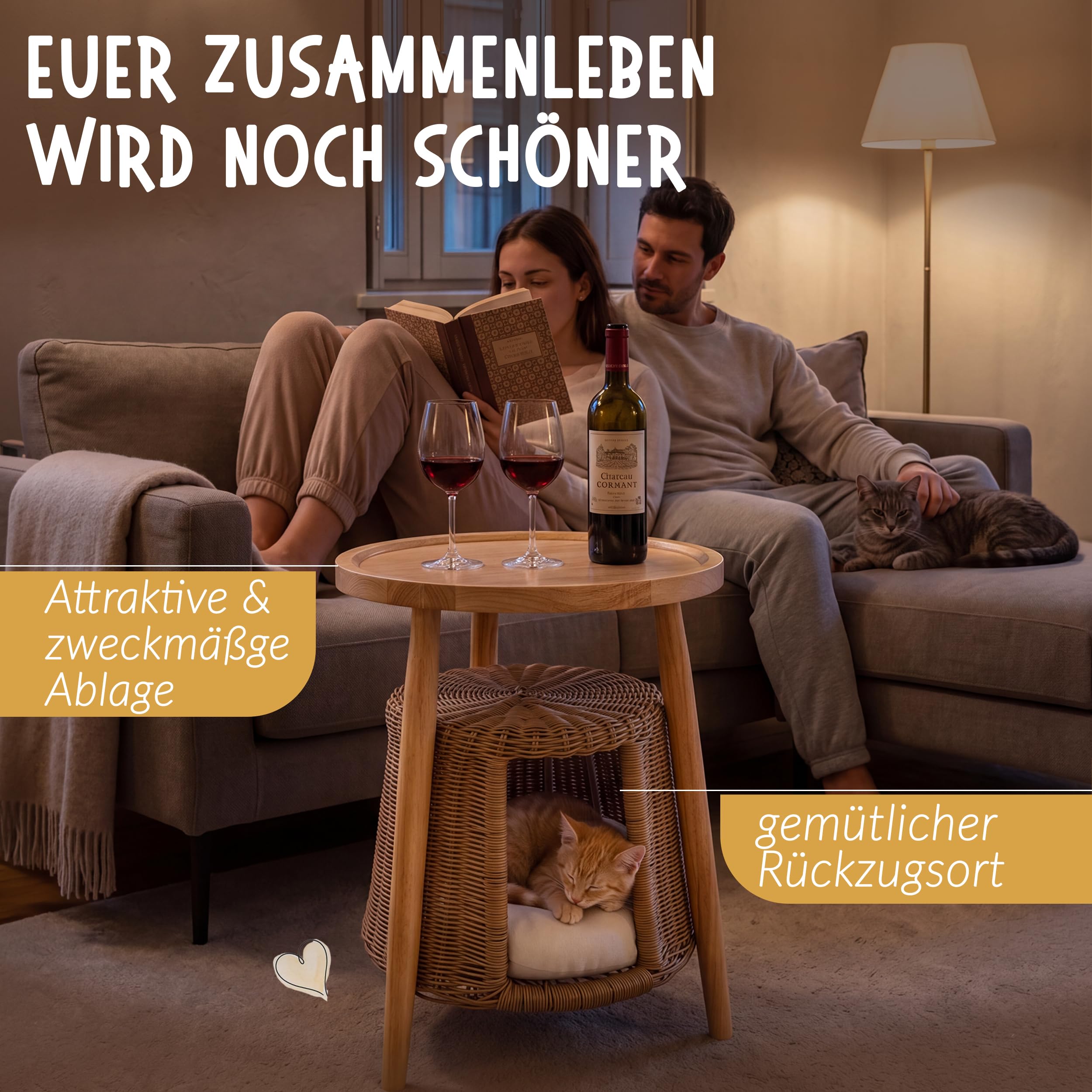Petigi Katzentisch Beistelltisch Rattan Katzenhöhle Katzenbett Couchtisch | aus Holz und Rattan, Natur, 47 x 44 x 62 cm, waschbares Kissen, kippelt nicht, Massivholz