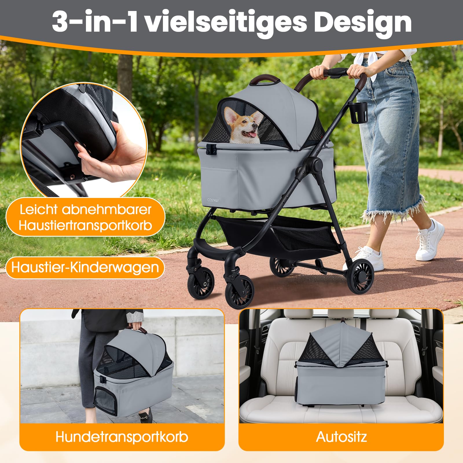 COSTWAY 3 in 1 Hundewagen, Hundebuggy mit verstellbarem Netzdach & Korb & Getränkehalter, Haustiere Buggy bis 15 kg, Hundebox Transporttasche klappbar, für Hunde Katzen Haustiere, Metall (Grau)
