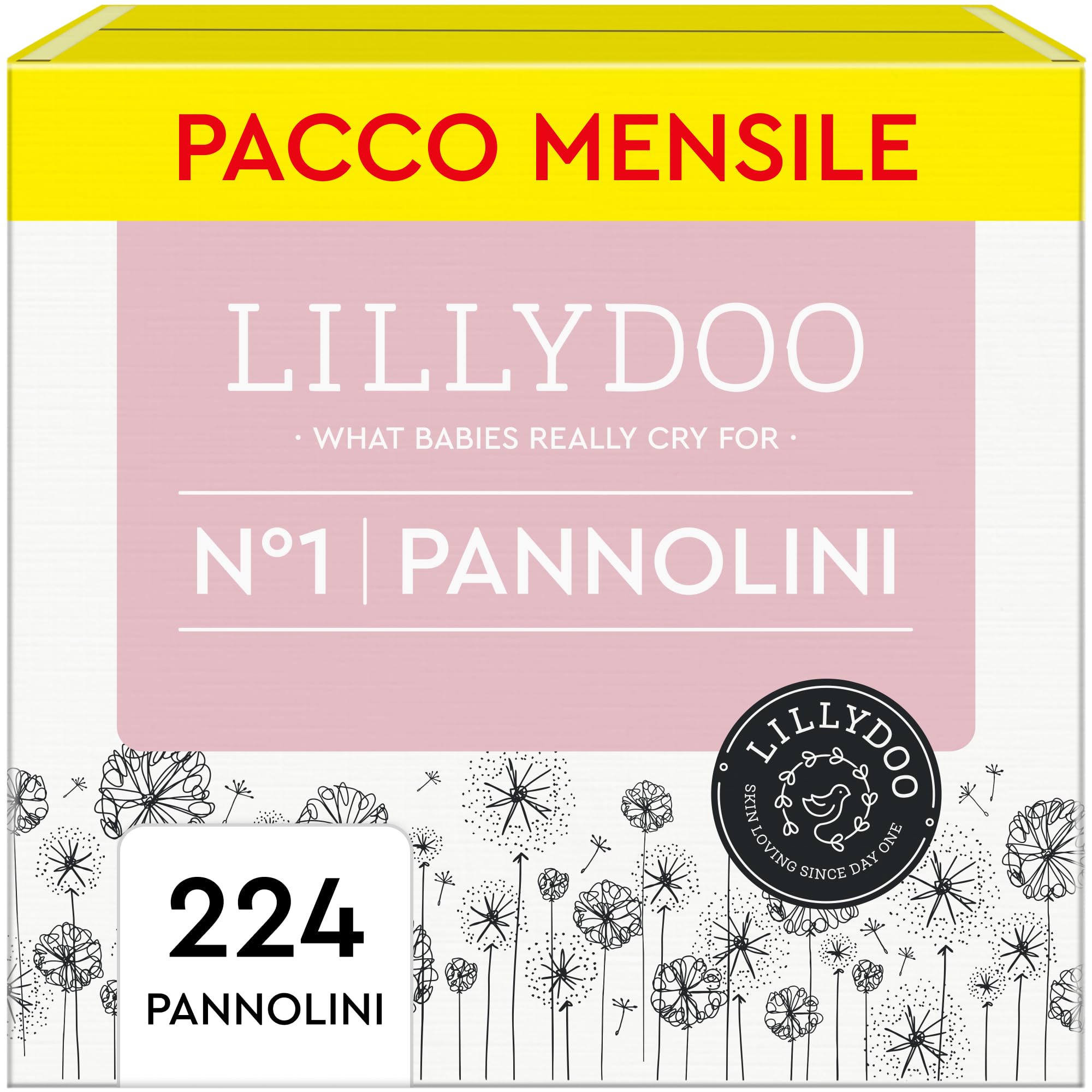 Pannolini LILLYDOO delicati sulla pelle - taglia 1 (2-5 kg), pacco scorta (224 pezzi)
