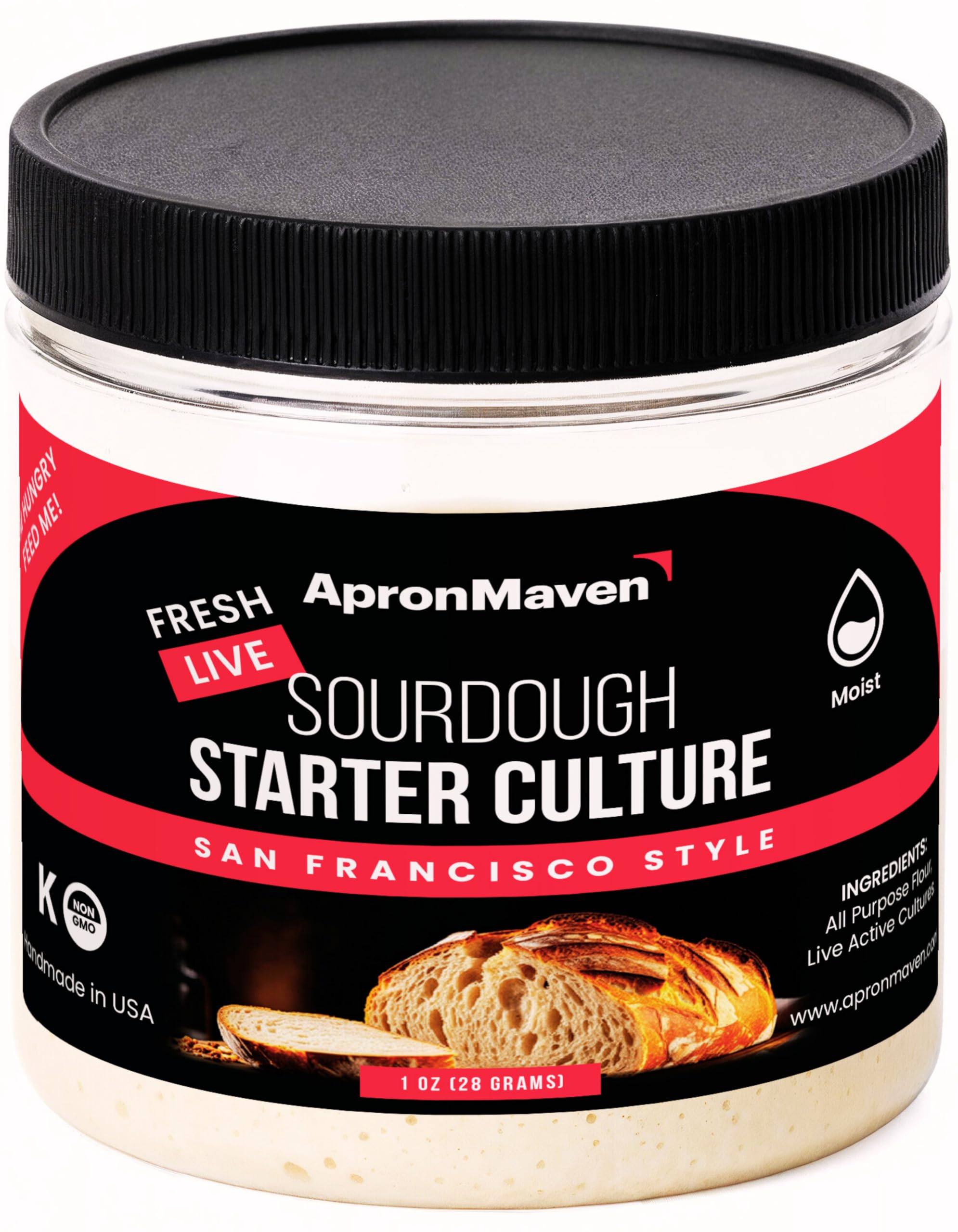 Apron Maven Premium Sourdough Starter Culture - Chewy Tangy San Francisco Style - Fresh Live Liquid Sour Dough in Jar - With Simple Beginner Friendly Feeding Instructions and Customer Support for Homemade Bread Baking Supplies