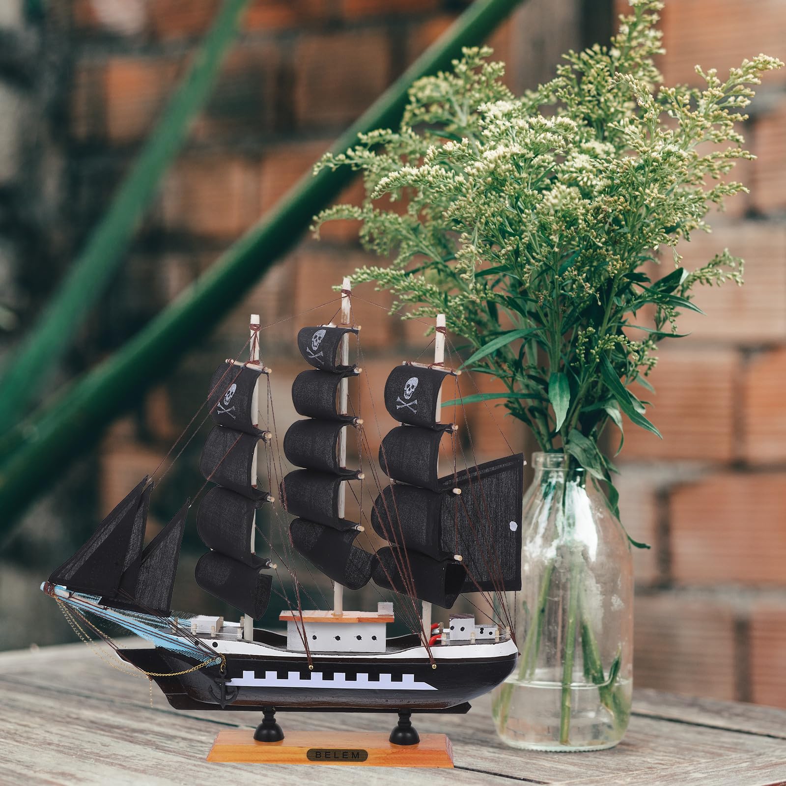 Modelo de Barco Pirata de Madera de 33cm, Estilo Mediterráneo, Decoración para Hogar y Oficina, Fiesta Verano