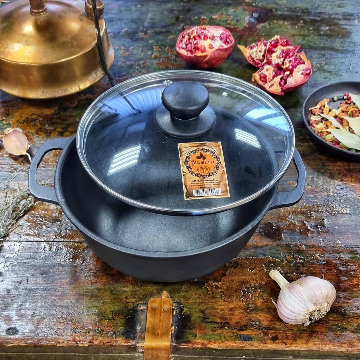 Wokpfanne aus Gusseisen – Wokpfanne aus Gusseisen mit Deckel – Induktion, Gas, offenes Feuer und Keramik – Schwarz (5 Liter)