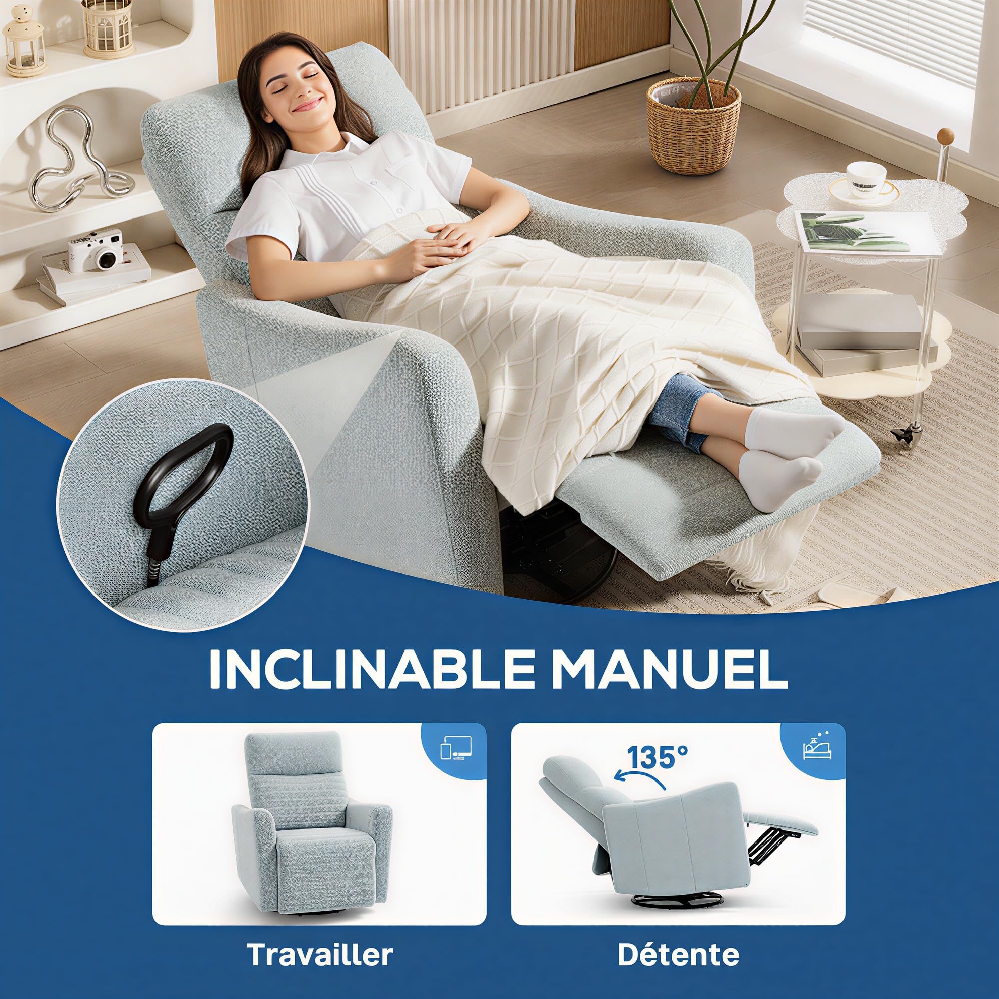 HOMCOM Fauteuil inclinable avec Repose-Pieds, Fauteuil de Relaxation pivotant 360°, basculant, Assise Large, Dossier et accoudoirs rembourrés, Tissu en Lin pour Salon, Bureau, Home cinéma, Gris-Bleu