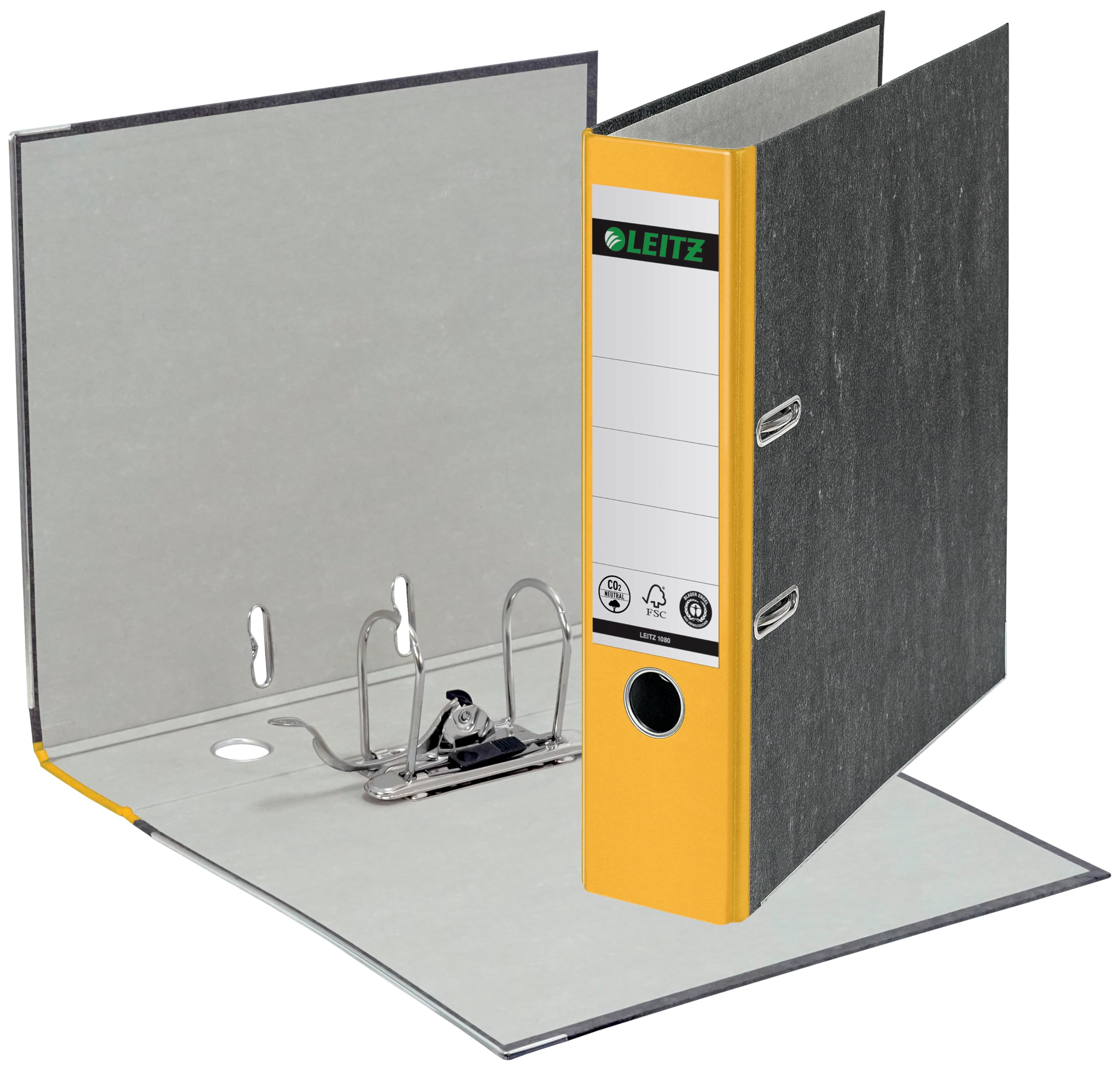 Leitz Qualitäts-Ordner 180°, 20er Pack, A4, klimaneutral, 100% recycelter Karton, 8 cm Rückenbreite, Wolkenmarmor-Papier (Gelb)