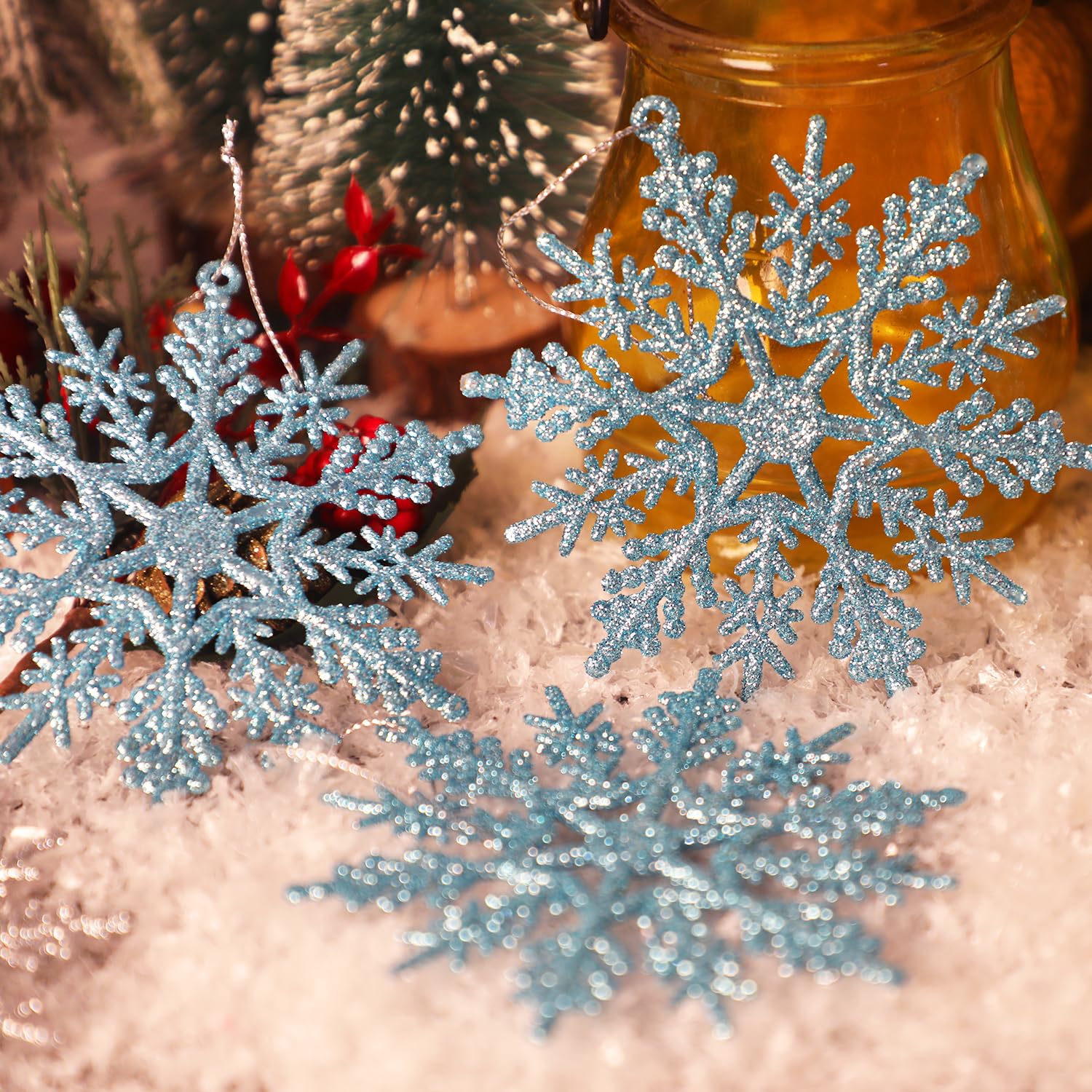 VEYLIN Christmas Hanging Decorations - 12PCS Glitter Snowflake Ornaments for Trees (Blue) - Image 4
