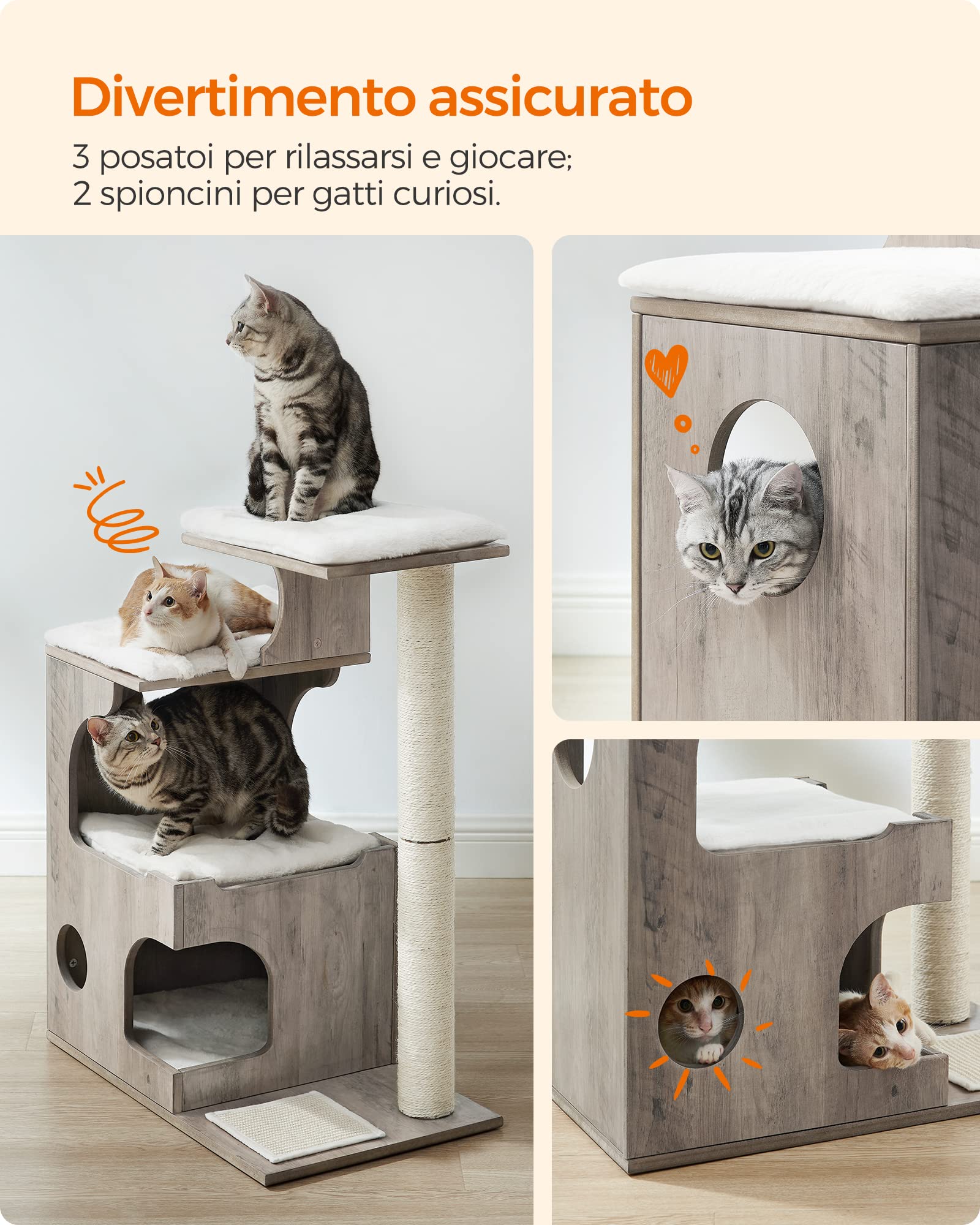 Feandrea Tiragraffi, Albero per Gatti di Truciolato Alto 86 cm, con Grotta, Posatoi, Colonna e Tappeto Graffiatoio in Sisal, Lavabili Tappeti in Pelliccia Sintetica, Greige Melange PCT070G01