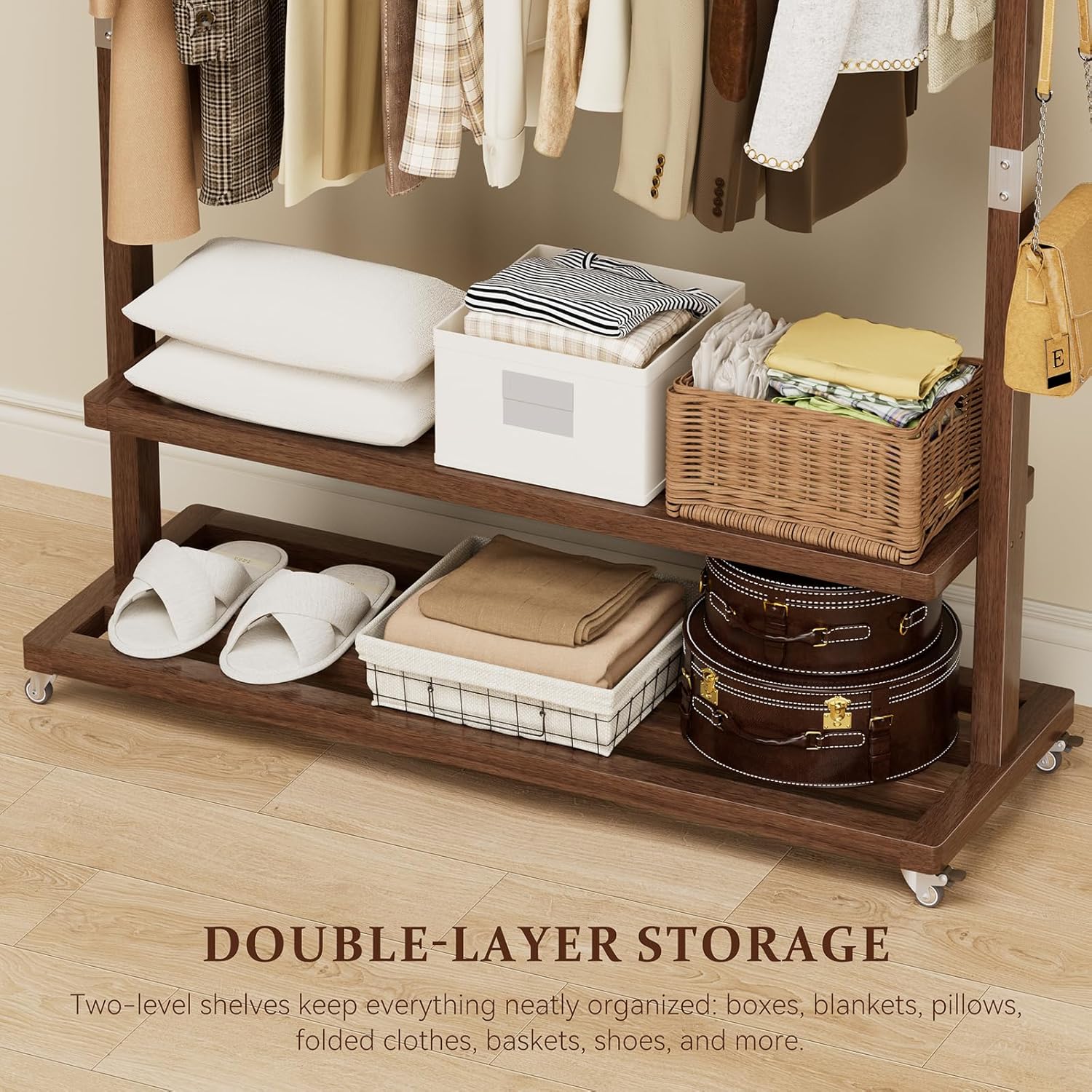 Solid Wood Clothes Rack with Wheels | 3-in-1 Freestanding Garment Rack & Coat Tree, Extra-Long Rod, Two Shelves, 220 lb Load | Organizer for Bedroom & Entryway - Image 7