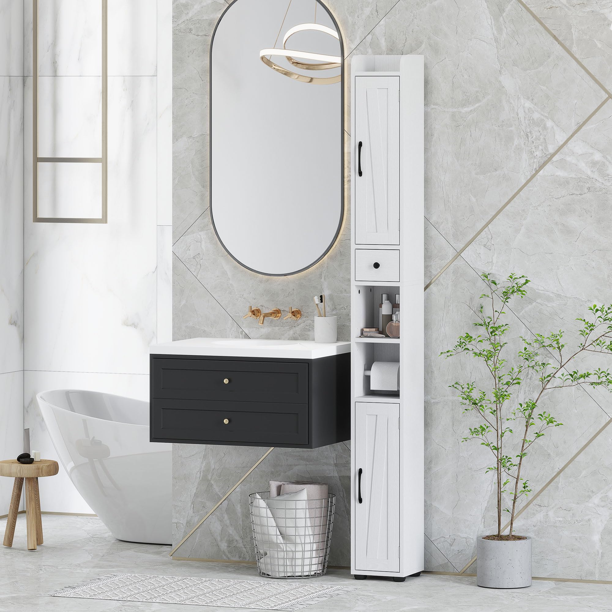 HOMCOM Columna de Baño Estrecha con 2 Puertas Armario Alto de Baño Rústico con Cajón Compartimento Abierto Estantes Ajustables y Portarrollos 20x20x185 cm Blanco