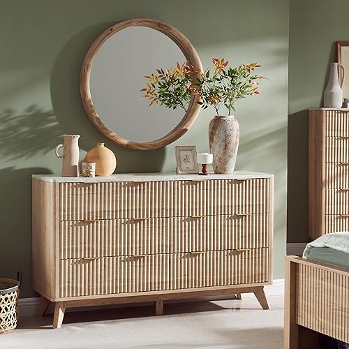 Miniatura 3 de T4TREAM Cómoda acanalada con 6 cajones, cómoda moderna de 54 pulgadas de ancho con parte superior de mármol sintético, diseño de perfil curvo, Roble