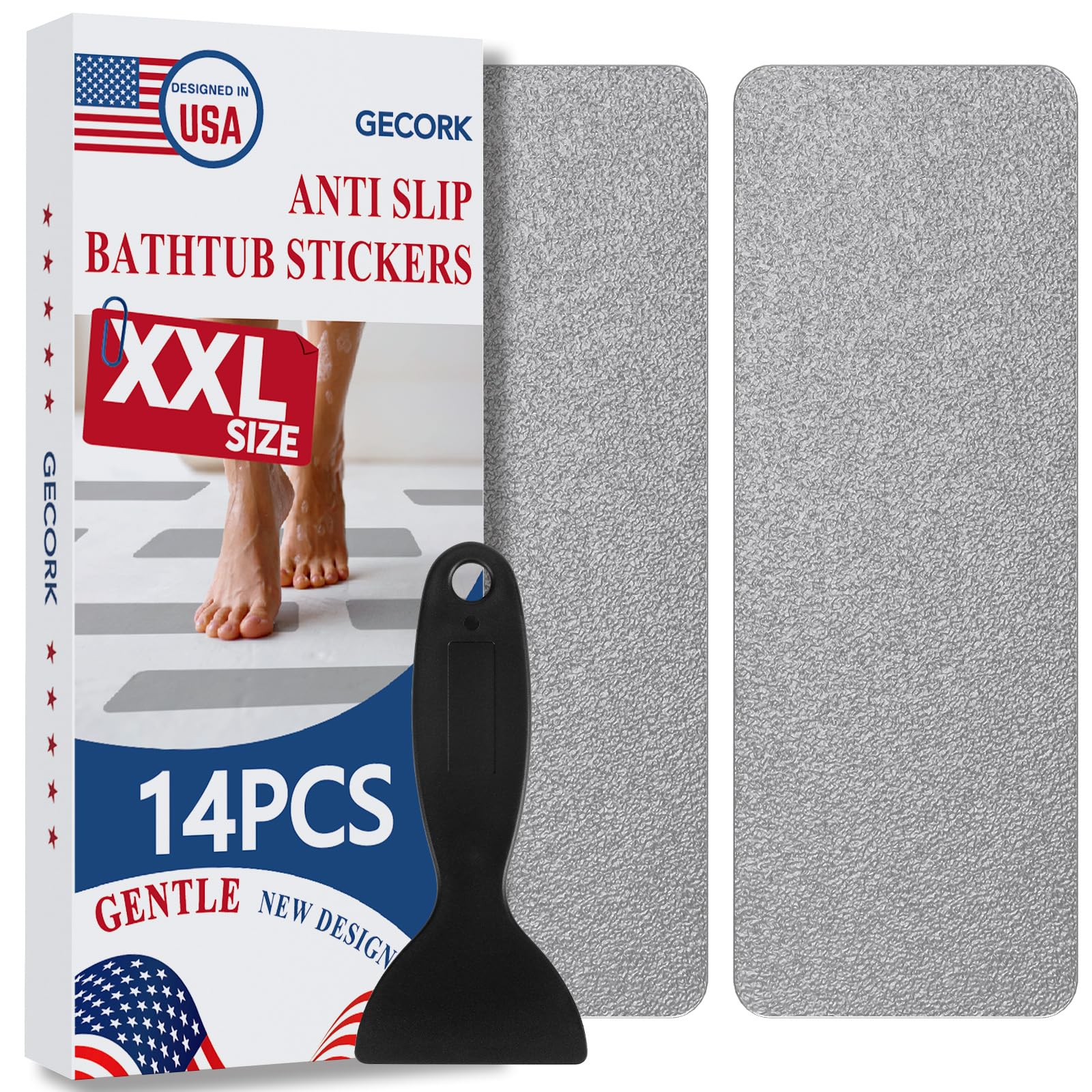 Gecork 28PCS XXL Strips Anti-Slip Shower Stickers with Scraper, Grey