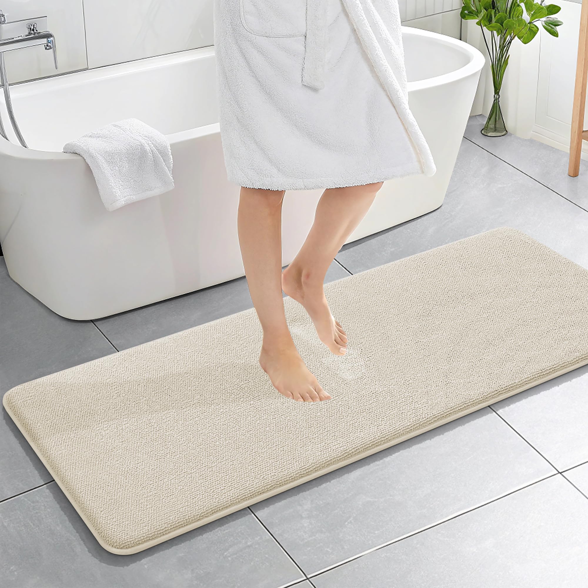 OLANLY Memory Foam Bathroom Runner Rugs 59x20, Absorbent Long Mat, Ivory