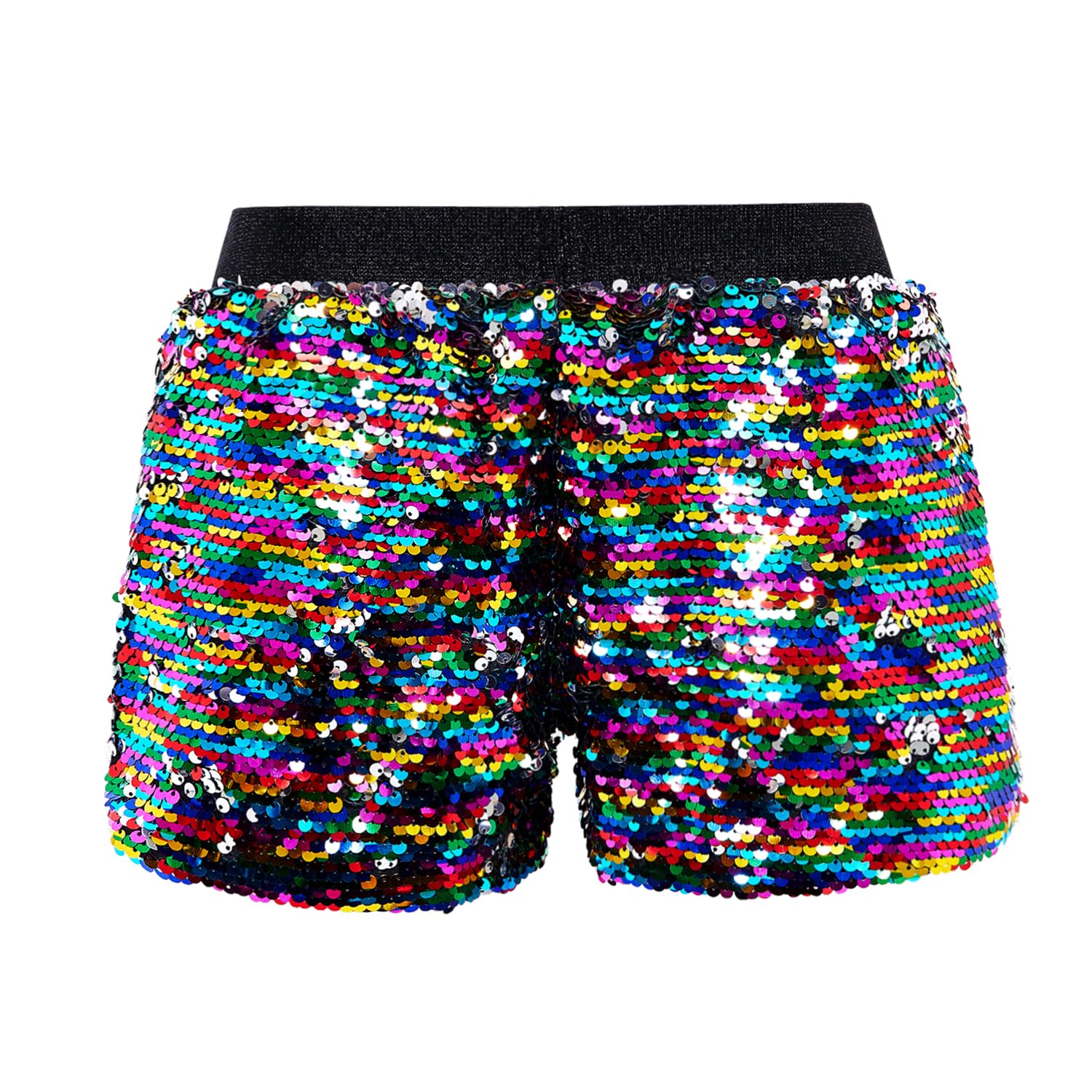 A ARFAR Women Sequin Shorts Summer Sparkly Flip Glitter Short Pants Ladies Shiny Party Birthday Concert Dance Halloween Christmas Clothes Rainbow to Silver XXL