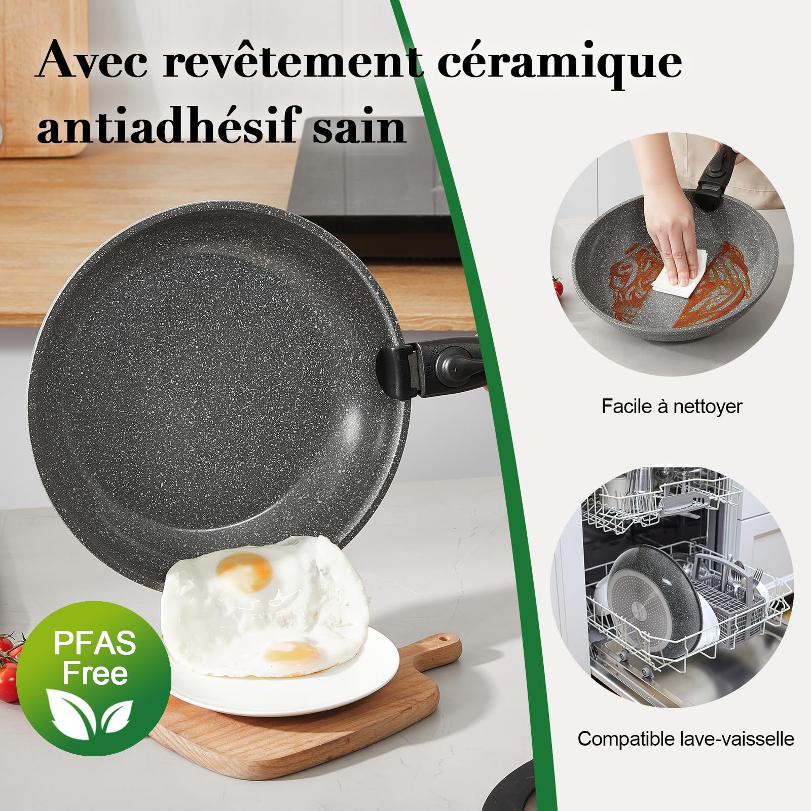 Batterie de cuisine induction 16 pièces 20cm/28cm poignées amovibles empilable antiadhésif céramique sans PFAS gris