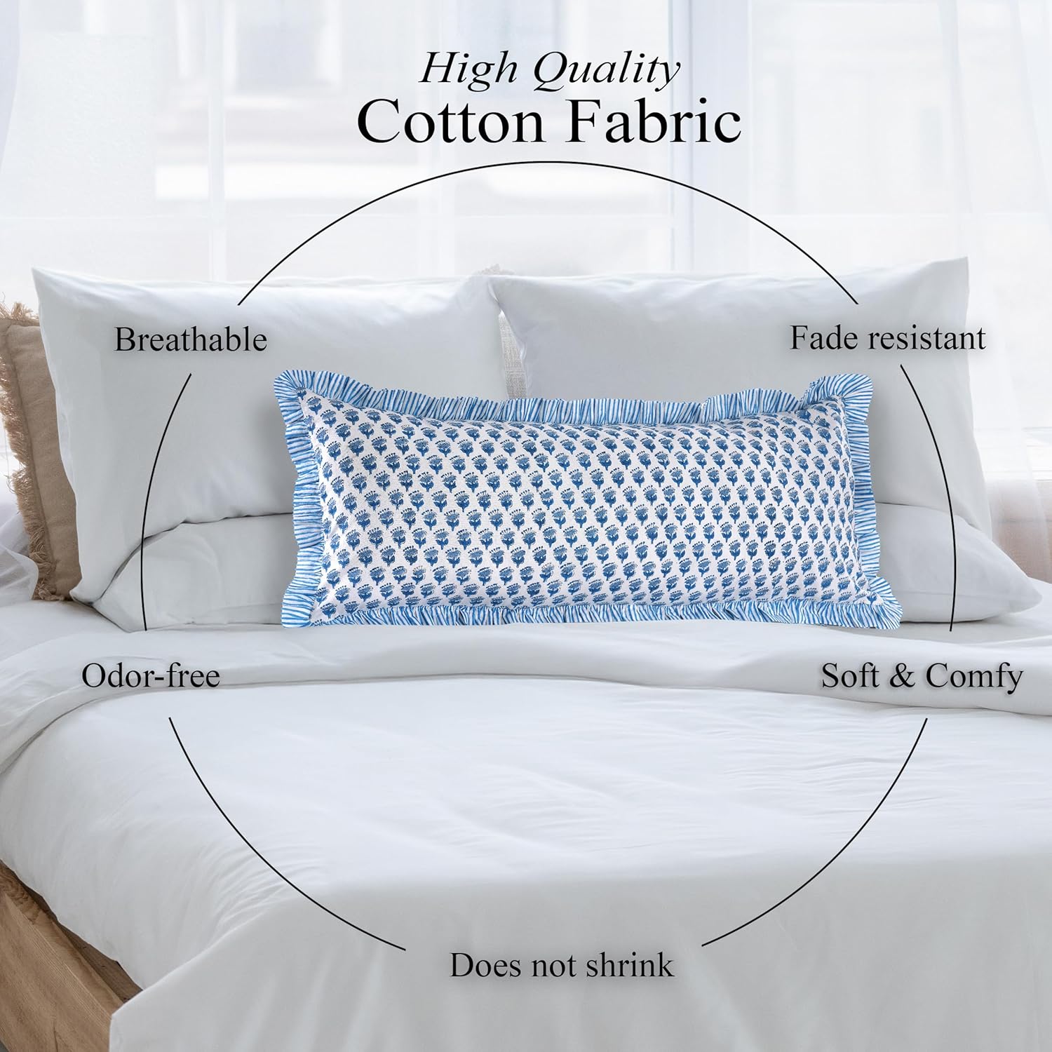 CPC Apatite Blue 100% Cotton Block Print Ruffle Sham Cover 14x36 inch, Handmade Boho Floral Pillowcase, Farmhouse Cottagecore Bedding, Soft Decorative Cushion Cover for Bedroom Décor - Image 6