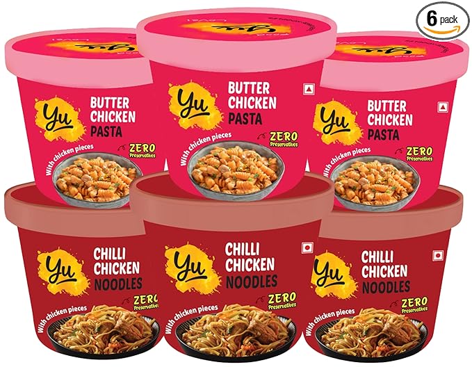 Cup Noodles & Pasta - Non Veg Combo - 3 Chilli Chicken Noodles + 3 Butter Chicken Pasta-Pack of 6 - No Preservatives - Instant Food - Non Veg - Ready To Eat Instant Noodles - 1350g
