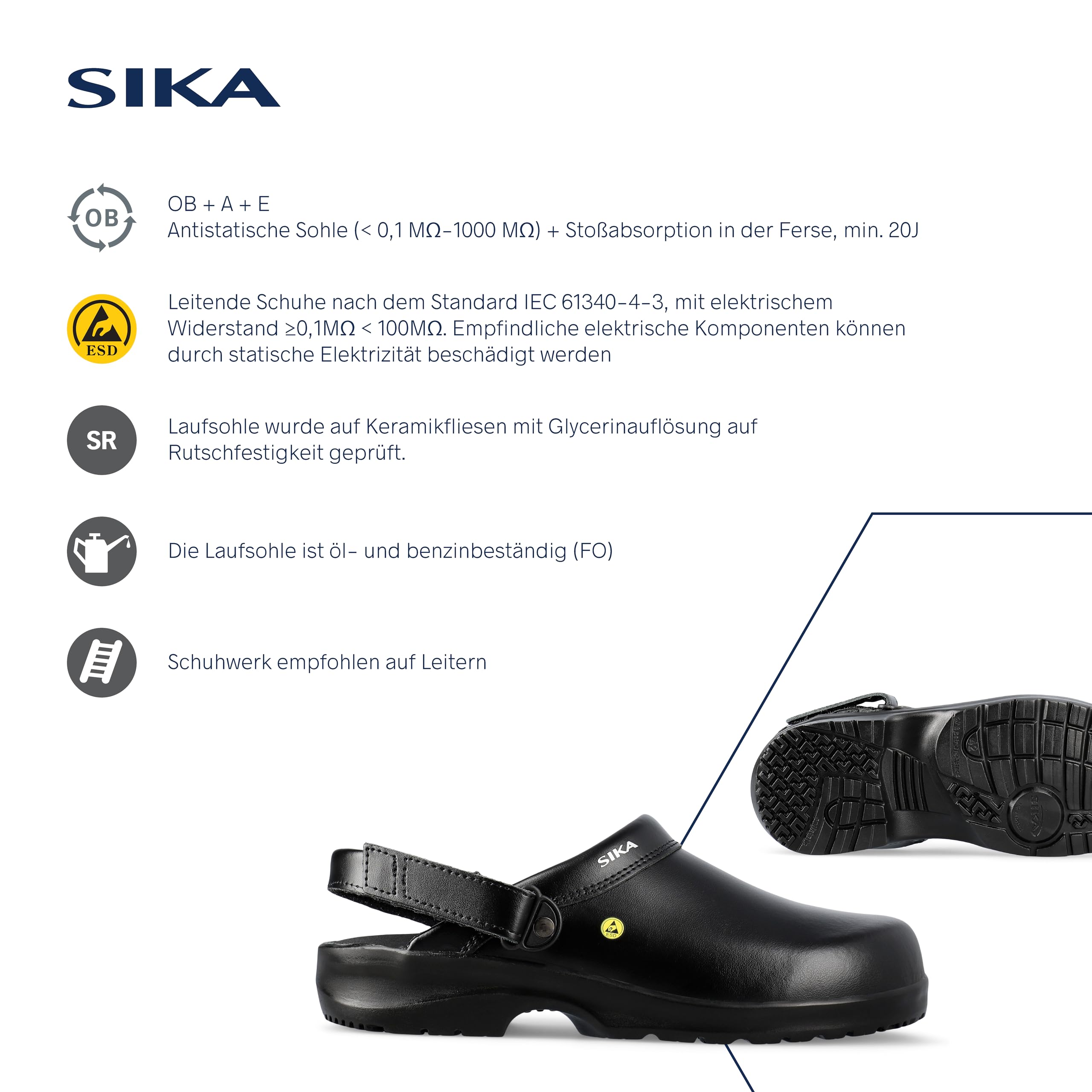 SIKA Unisex-Clogs mit Fersenriemen, rutschfeste Arbeitsschuhe, Permair-Leder, stoßdämpfende Sohle, ESD-geprüft, waschbare Innensohle, professionelle Clogs für die Lebensmittel- & Reinigungsindustrie