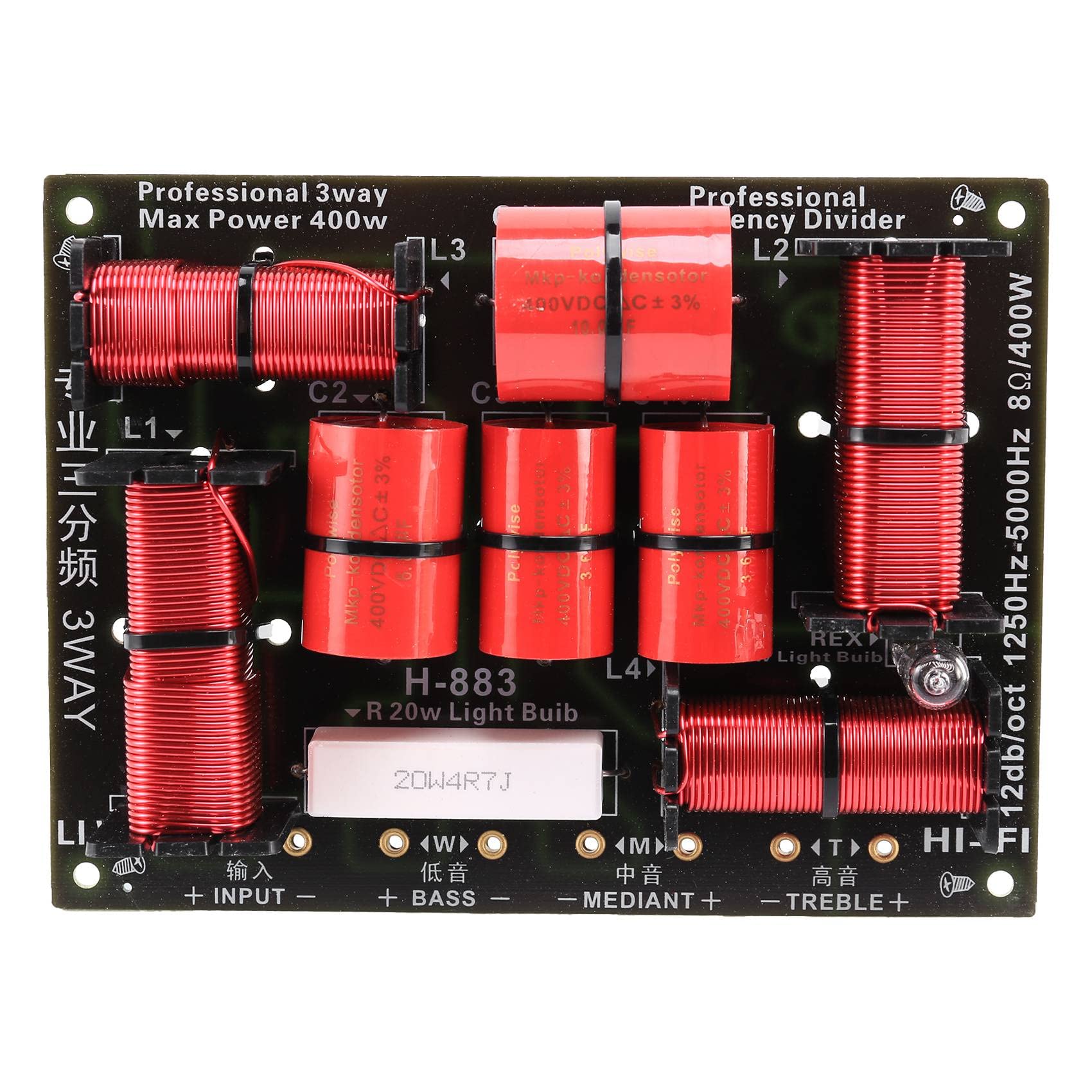 Kqcibz 400W 3 Way Crossover Divider HiFi Tweeter Woofer Speaker Crossover 1250H/5000HZ with High-Pitched Protection, red black, 500207171