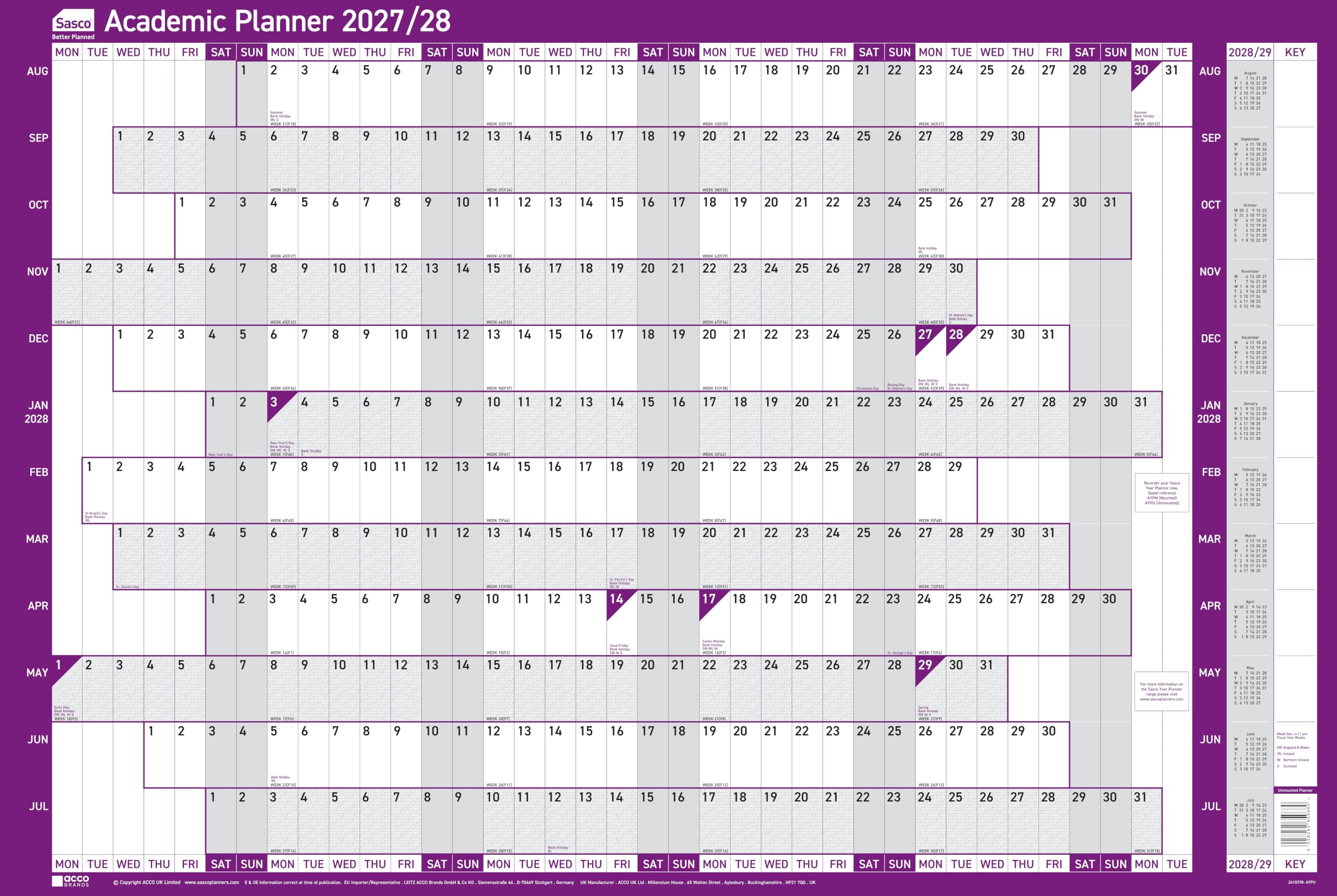 Sasco 2027/28 Academic Year Wall Planner with wet wipe pen & pack of 378 stickers, Purple, Poster Style, 915mmW x 610mmH
