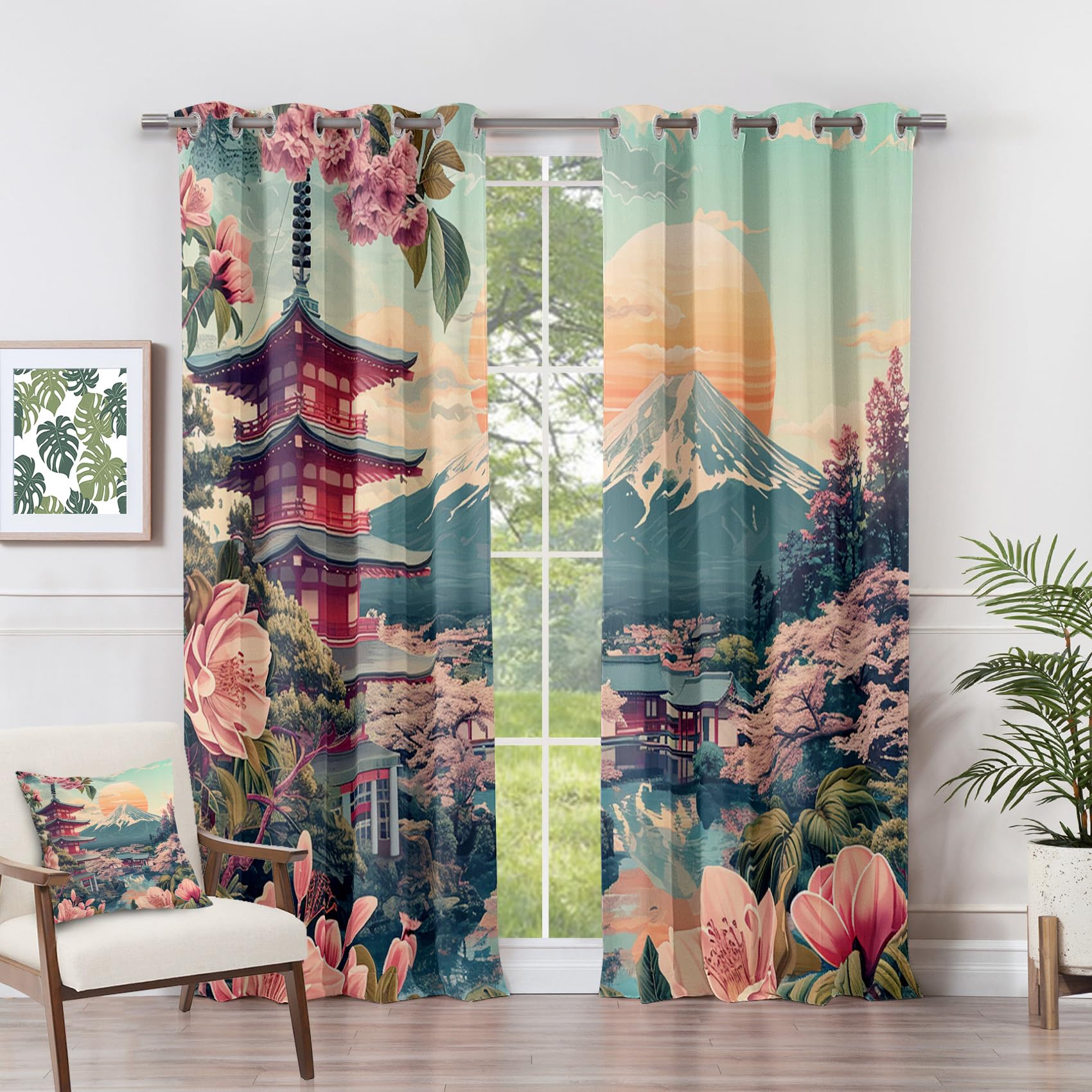 Generisch Vorhänge Japanische - Kirschblüten Landschaft Mount Fuji Fenster Gardinen mit Ösen, Vorhang Blickdicht Verdunklungsvorhänge Thermovorhang für Wohnzimmer Deko 2er Set, H 245 x B 140 cm L#-64
