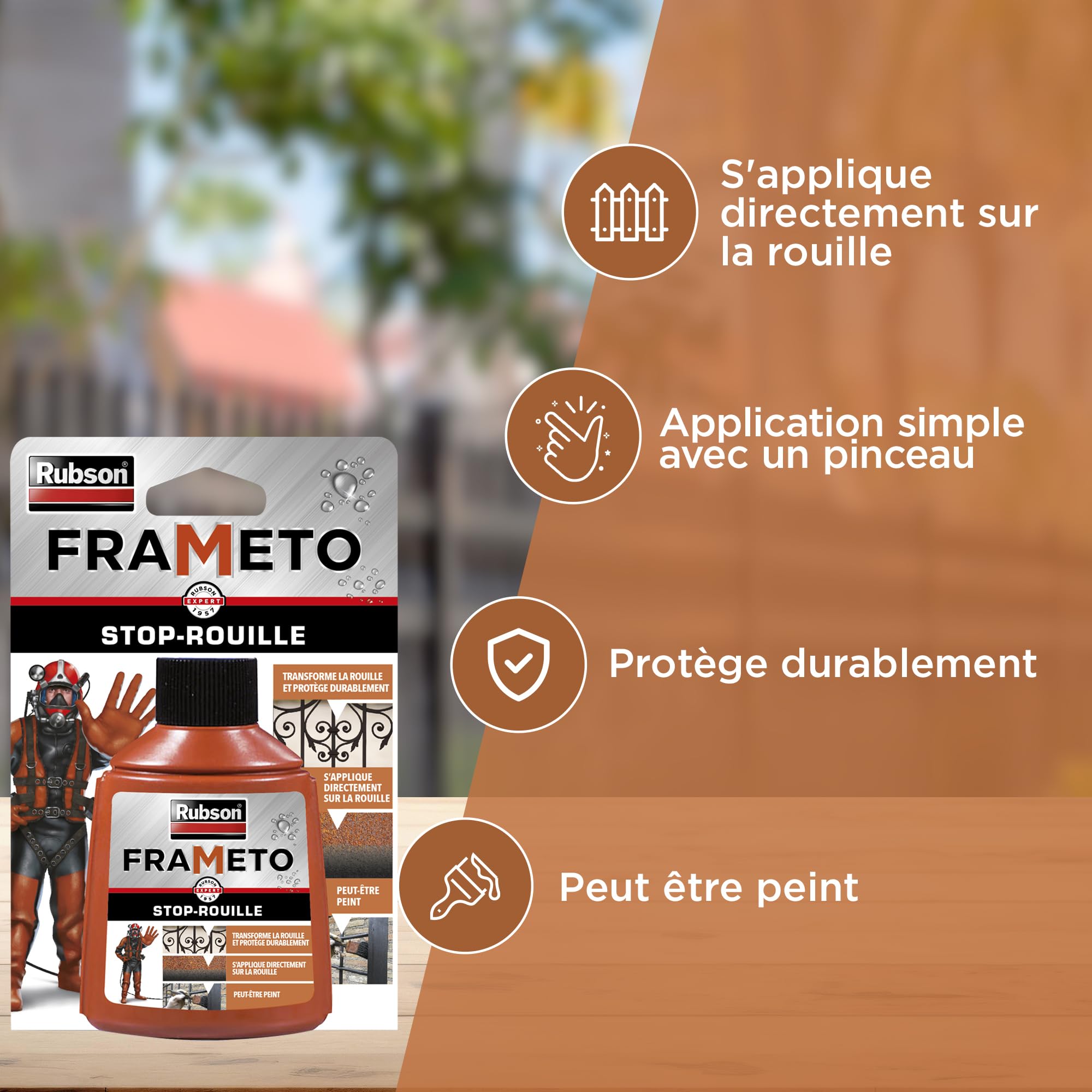 Rubson Frameto Stop-Rouille, Traitement antirouille pour intérieur et extérieur, Convertisseur de rouille à effet immédiat, peut être peint, coloris noir, 90 ml