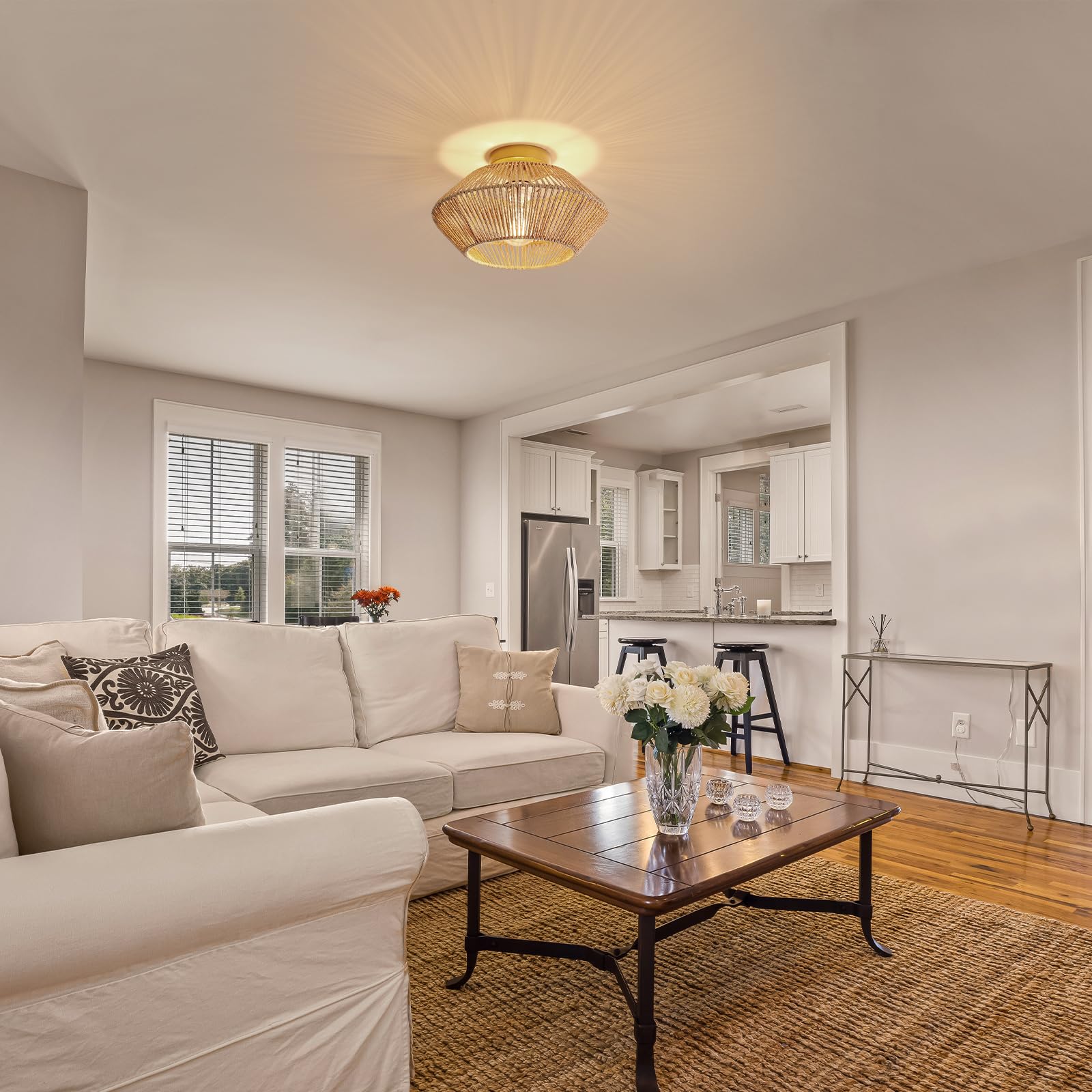 AUA Rattan Light Fixtures Ceiling, Semi Flush Mount Ceiling Light with Hand-Worked Cage Lampshade, Woven Ceiling Light Fixtures for Bedroom Hallway Balcony Nursery Entryway Brass