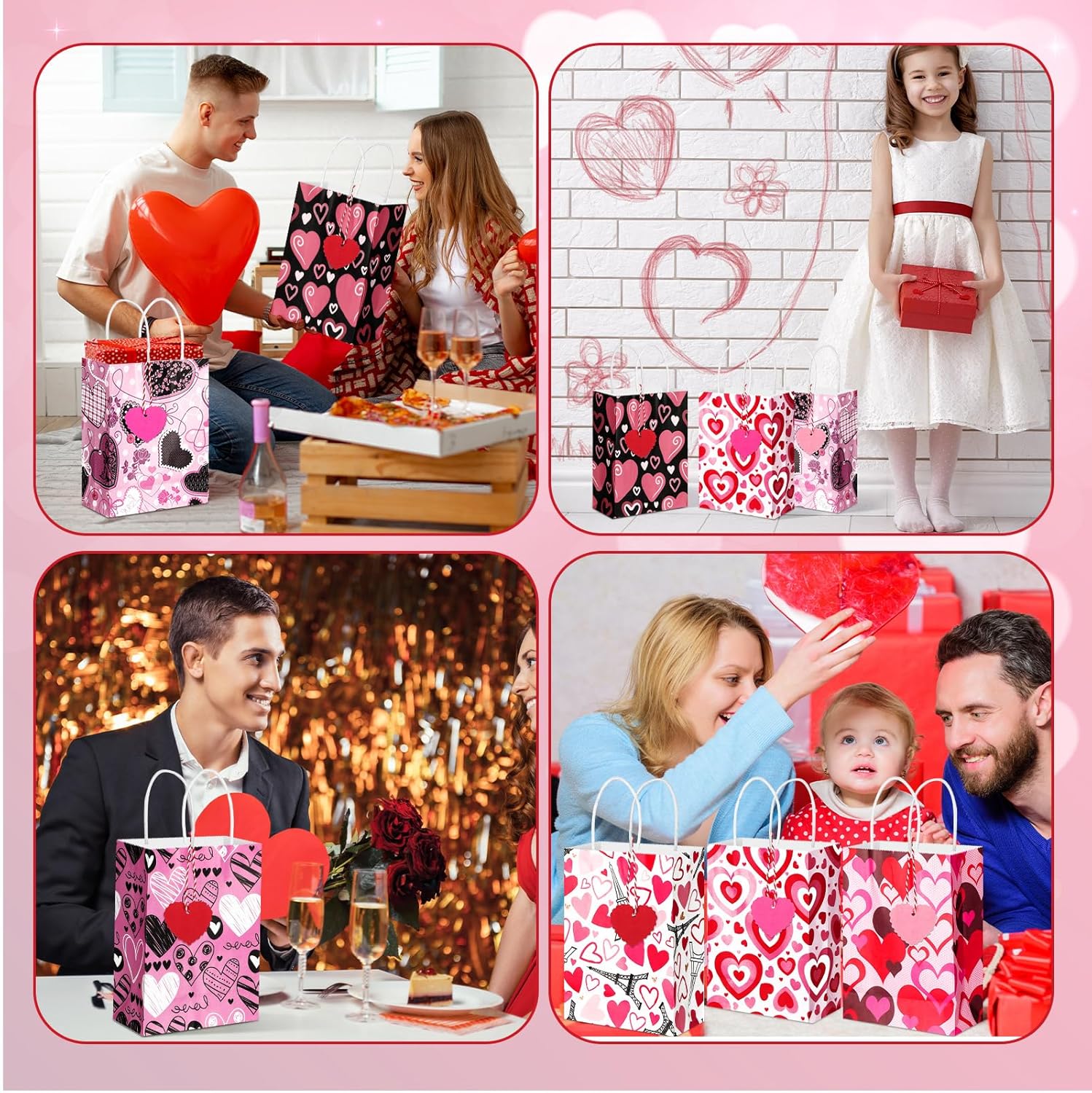 72 Pcs Valentines Day Heart Gift Bags Bulk with Handles Red Pink Paper Bags with Tags Love Heart Shaped Goodie Candy Sacks for Galentines Wedding Valentine's Day Party Supplies - Image 5
