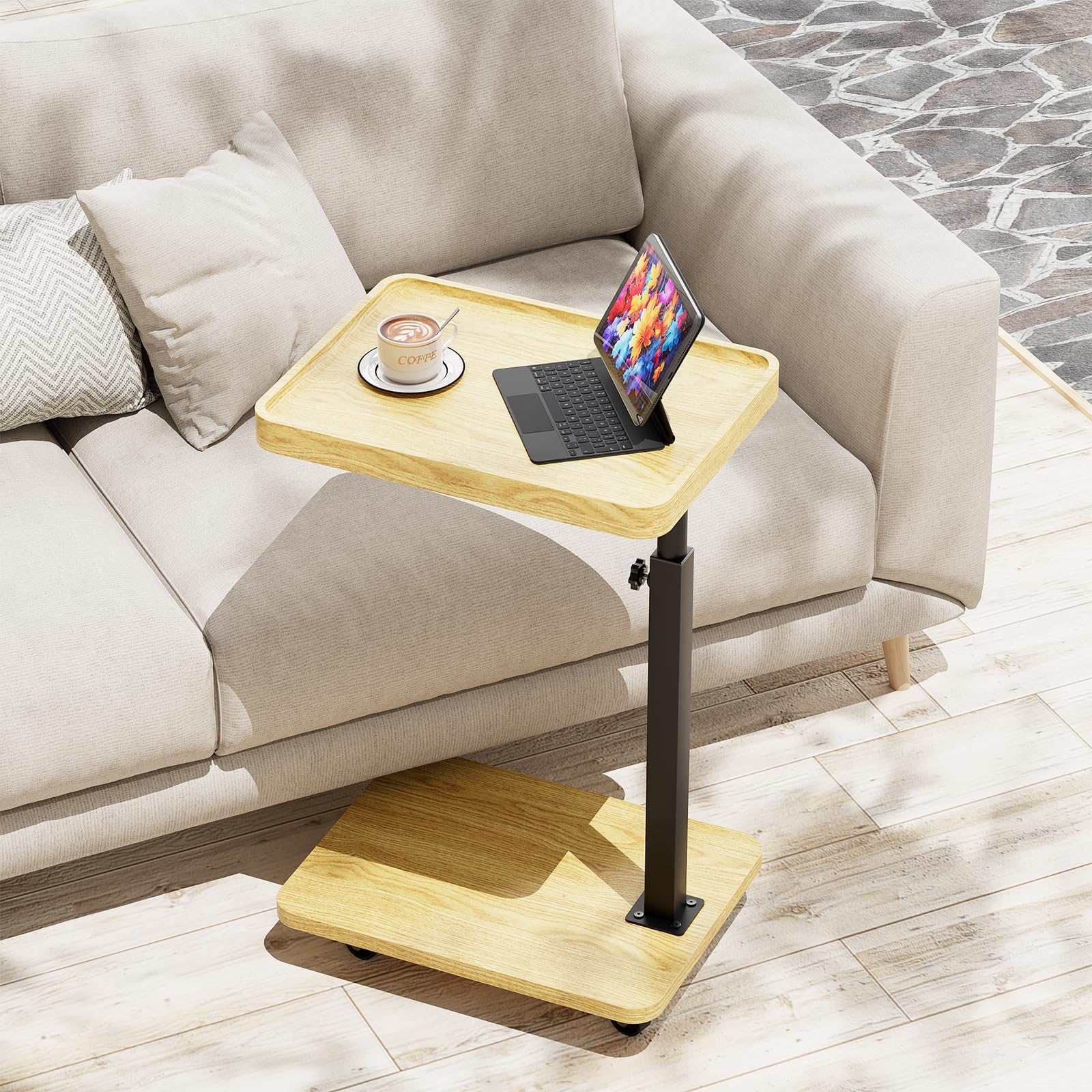 Tv Tray,Adjustable Height C Shaped End Side Table for Eating on Couch That Slide Under,360°Swivel Sofa Snack Dinner Table with Wheels for Living Room and Bedroom, Bed,Chair(Oak+Black)