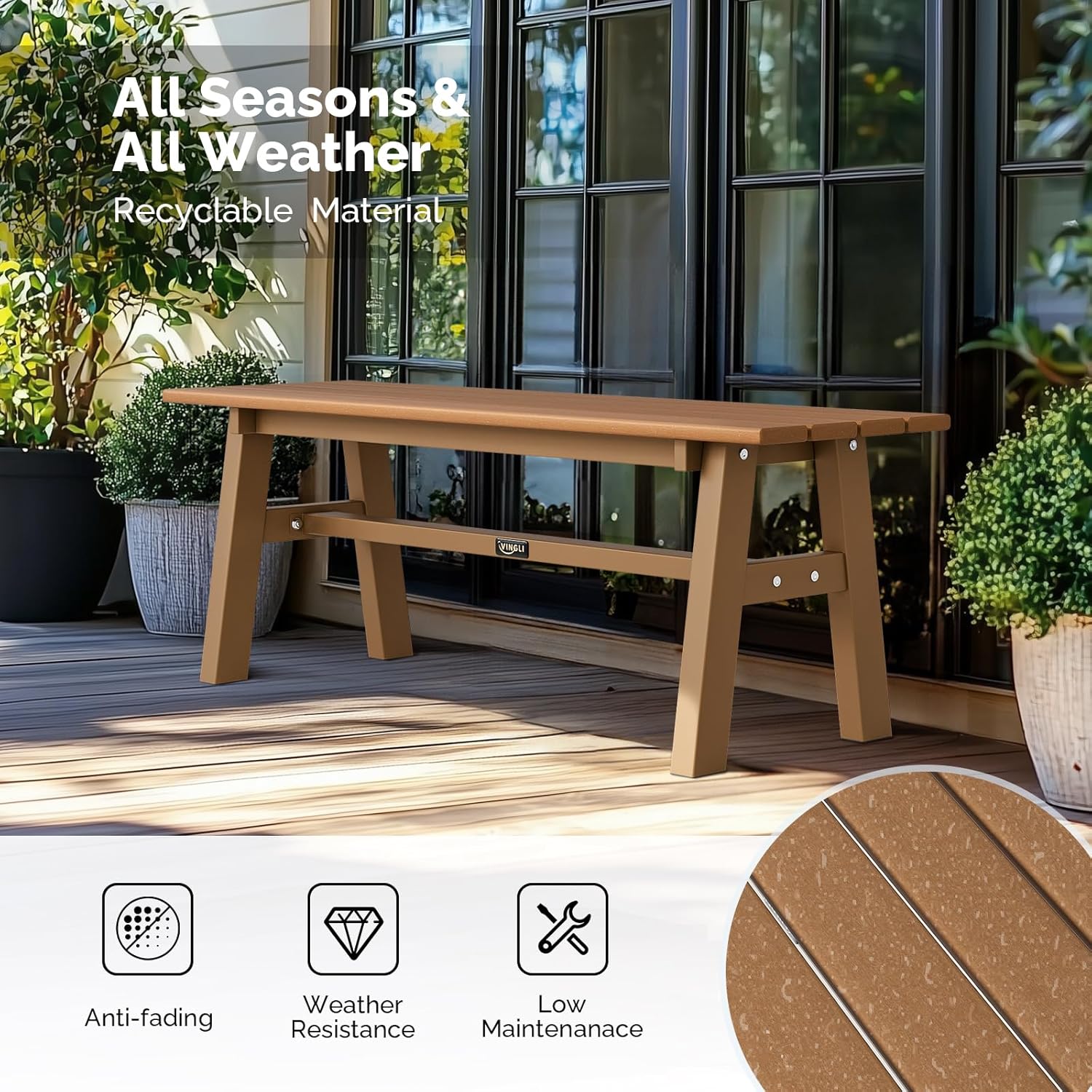 VINGLI 47” Outdoor Bench Garden Bench HDPE Porch Bench w/Metal Legs, Poly Lumber Patio Bench, 660 LBS Capacity Outdoor Backless Bench(Teak)