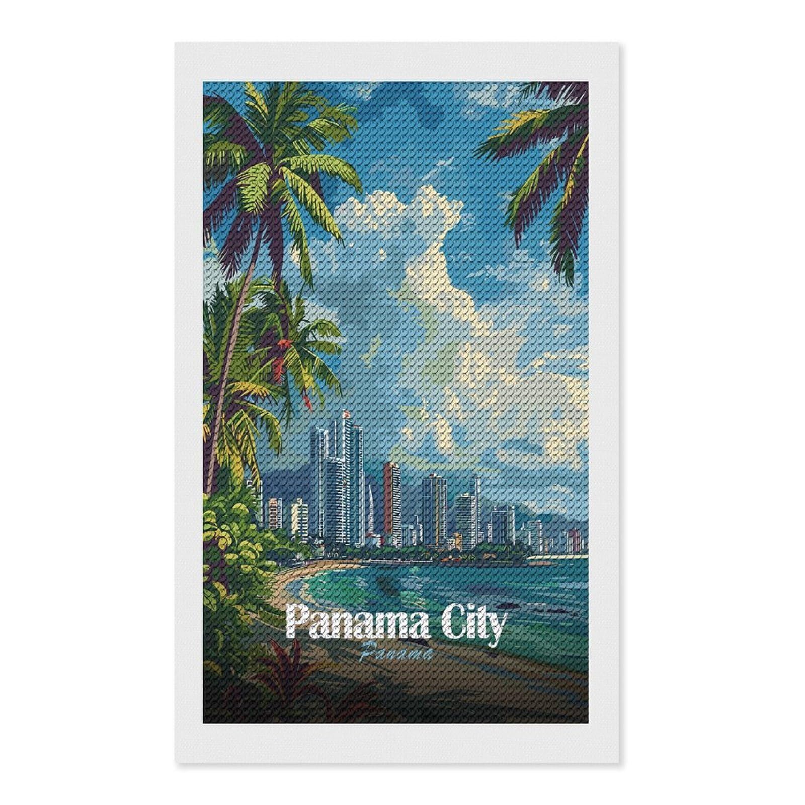 Junmoney Panama City Skyline Diamond Art Kit 12"x20", Relaxing DIY Hobby, Satisfying Creative Project, Living Room Decor, for Women