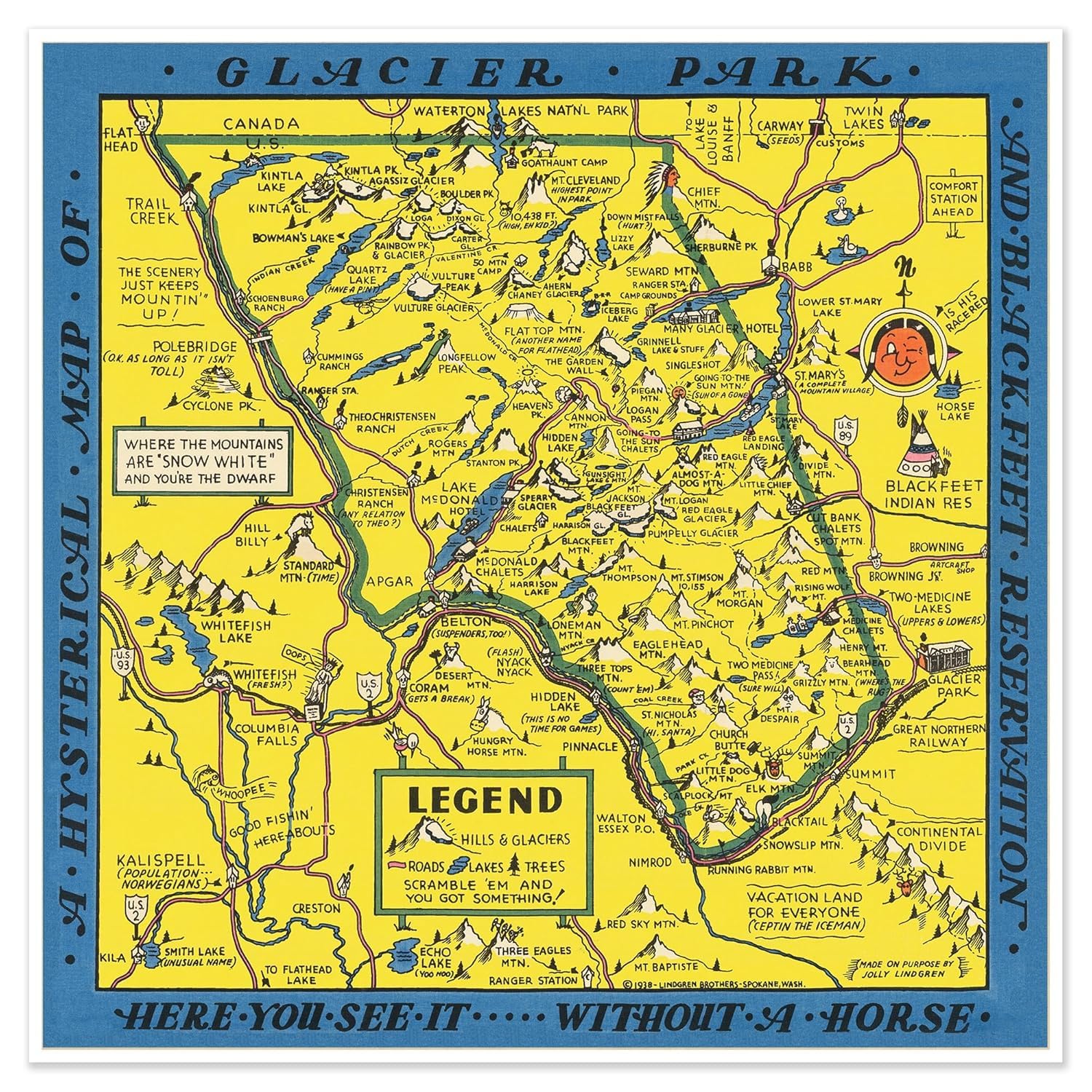 Vintage Glacier National Park Illustrated Map Art Print, Yellow and Blue, Historical Tourist Guide Wall Decor, Montana Landmarks (24 x 24 inches)