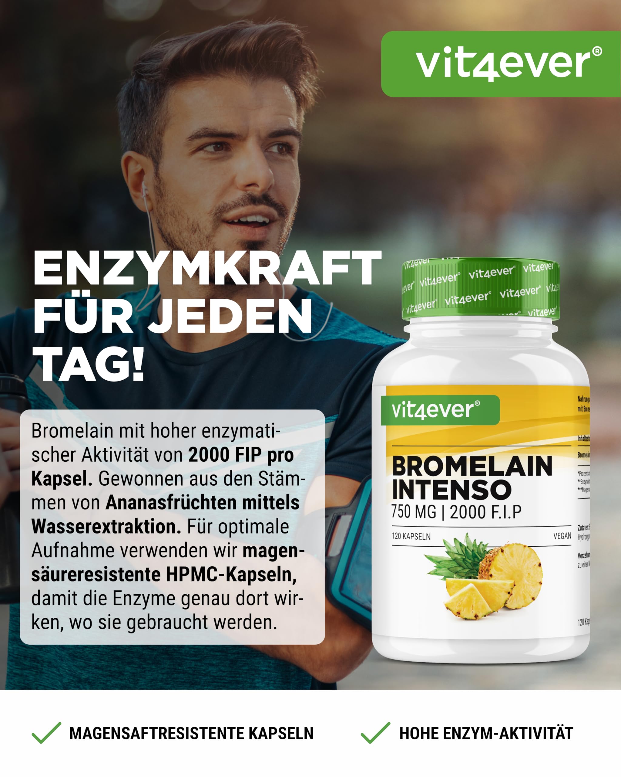 Bromelain Intenso - 750 mg (2000 F.I.P) - 120 magensaftresistente Kapseln - Natürlicher Ananas Extrakt - Laborgeprüft - Vegan - Hochdosiert