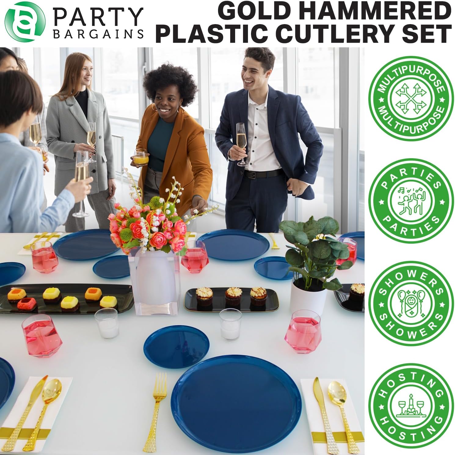 PARTY BARGAINS Hammered Gold Plastic Cutlery Set 80-Piece – Heavy Duty Flatware Utensils Forks Spoons Knives Teaspoons for Parties Events Weddings Catering