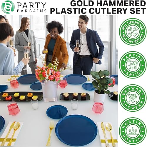 Miniatura 6 de Party Bargains Juego de cubiertos martillados desechables, 40 unidades 16 tenedores, 8 cucharas de sopa, 8 cucharaditas, 8 cuchillos, oro, cubiertos