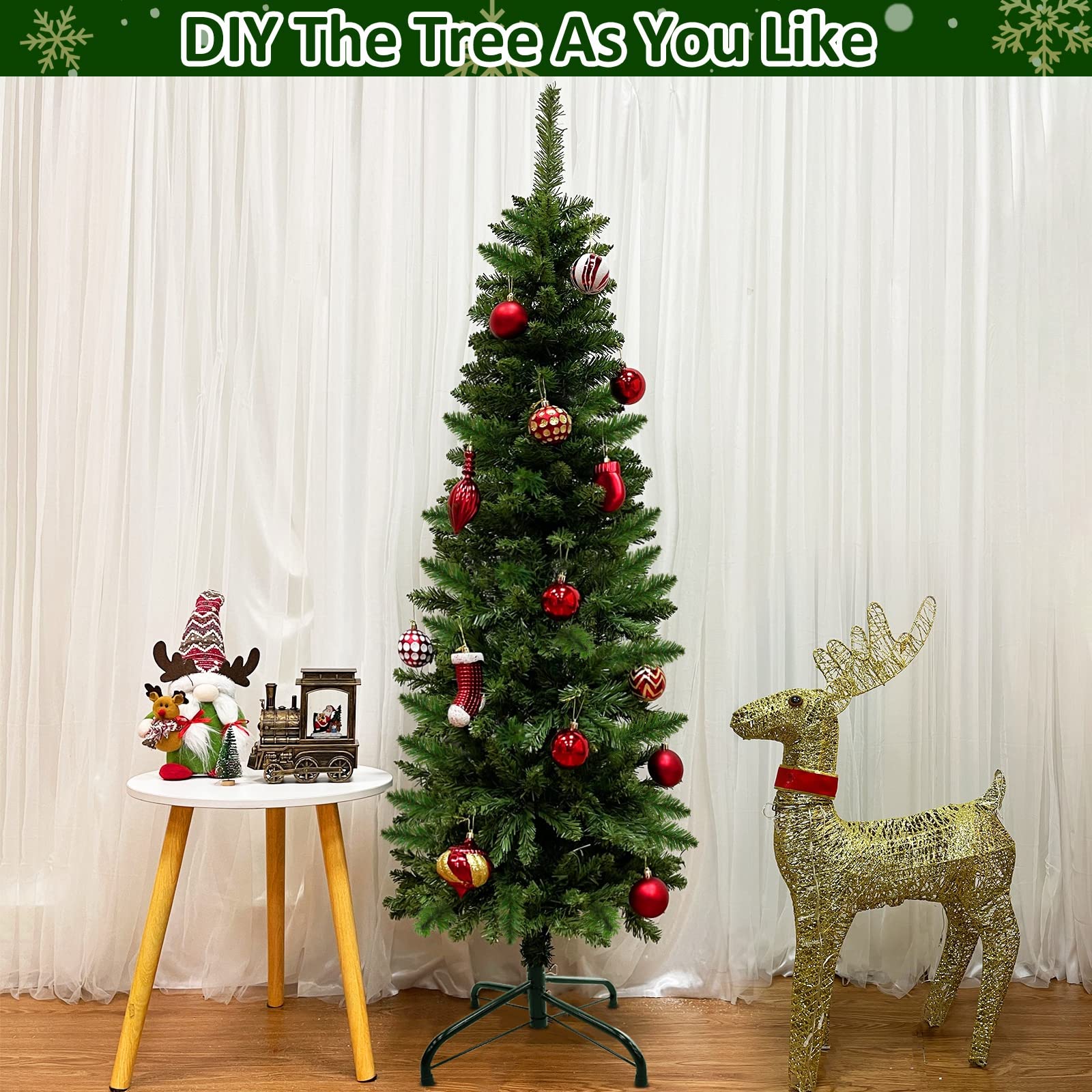 TURNMEON 5 Feet Pencil Christmas Tree Decoration with 380 Branch Tips Metal Stand Thick Hinged Artificial Slim Xmas Tree Christmas Decorations Home Indoor Outdoor Party Holiday Decor (Spruce Green)