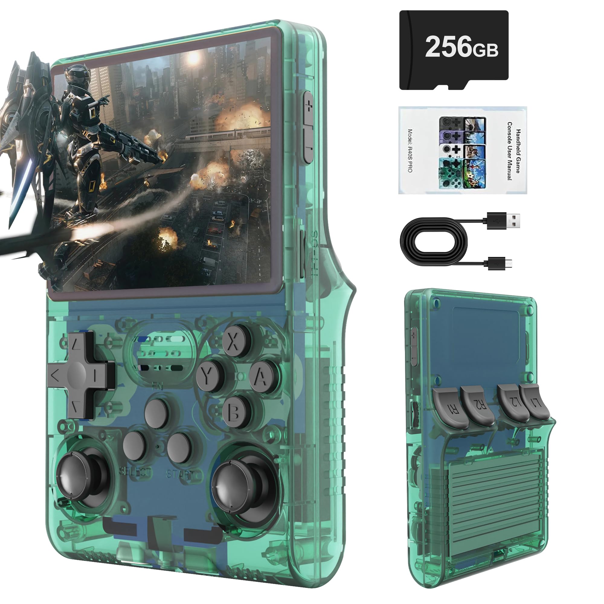 r40s pro retro gaming console, 30000+ hd games handheld game console, 3800mah rechargeable mini retro video console with 256gb tf card, portable pocket arcade (transparent green)