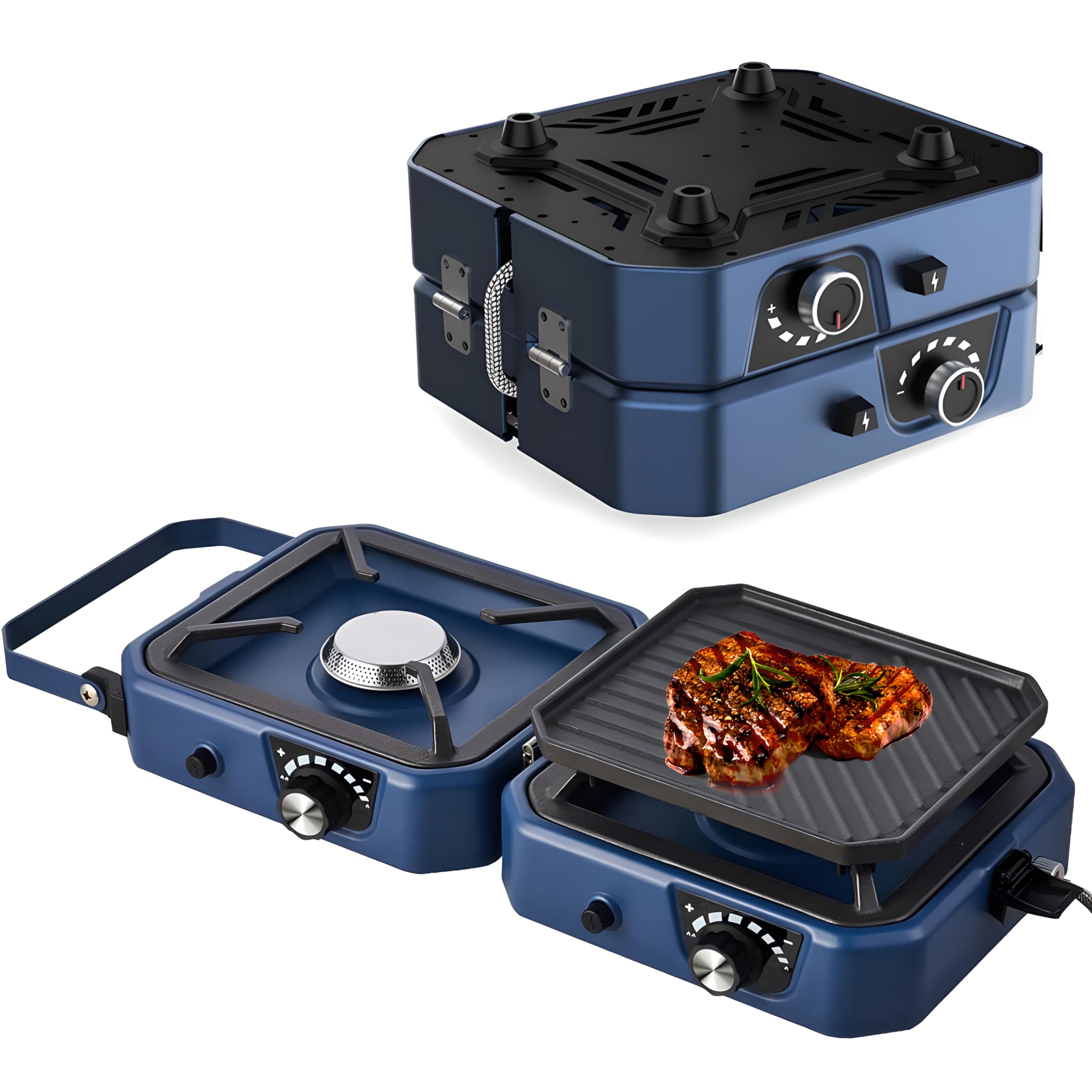 Estufa de camping de gas, parrilla portátil de barbacoa de 2000 W con plancha, quemadores ajustables de 16000 BTU y encendido piezoeléctrico para cocinar al aire libre, fiestas en el jardín y camping