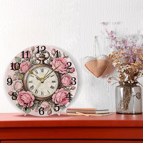 Miniatura 6 de KLL Reloj de bolsillo vintage de Feliz Navidad, rosa rosa, reloj atómico redondo de 10 pulgadas, sin ruido, fácil de leer para hotel, comedor,