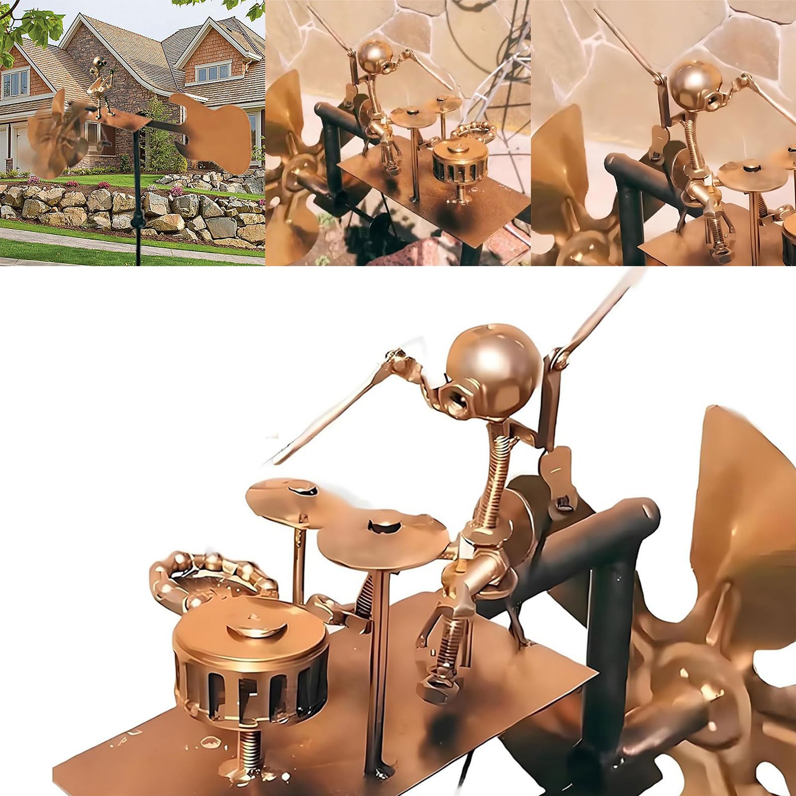 Handmade Metal Drummer Windmill - Rockin' Garden Art With Moving Guitar Spinner & Drumming Figurine