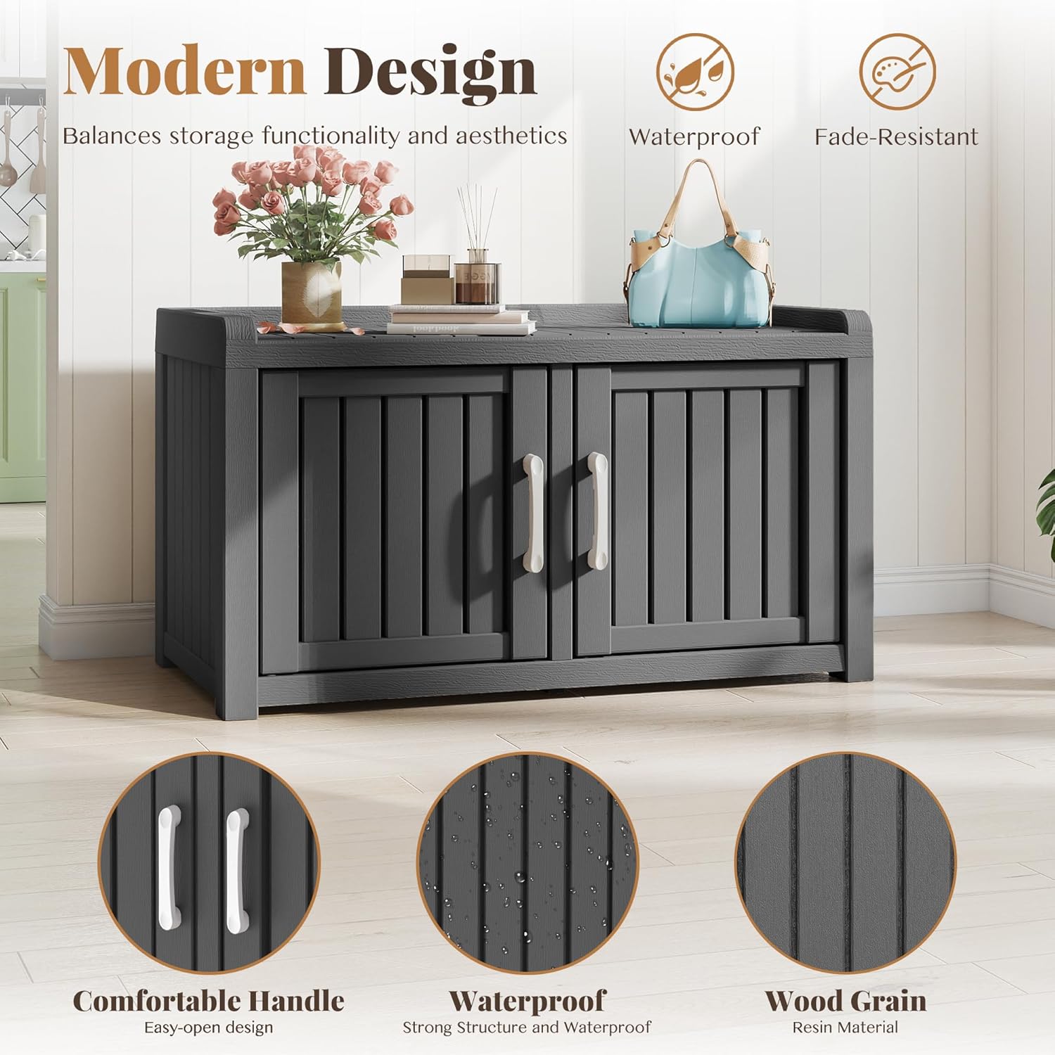 Shoe Cabinet Storage Bench Indoor Outdoor, Waterproof UV-Resistant Resin Entryway Furniture with Adjustable Shelves for Hallway, Living Room and Bedroom (Double Door,Black)