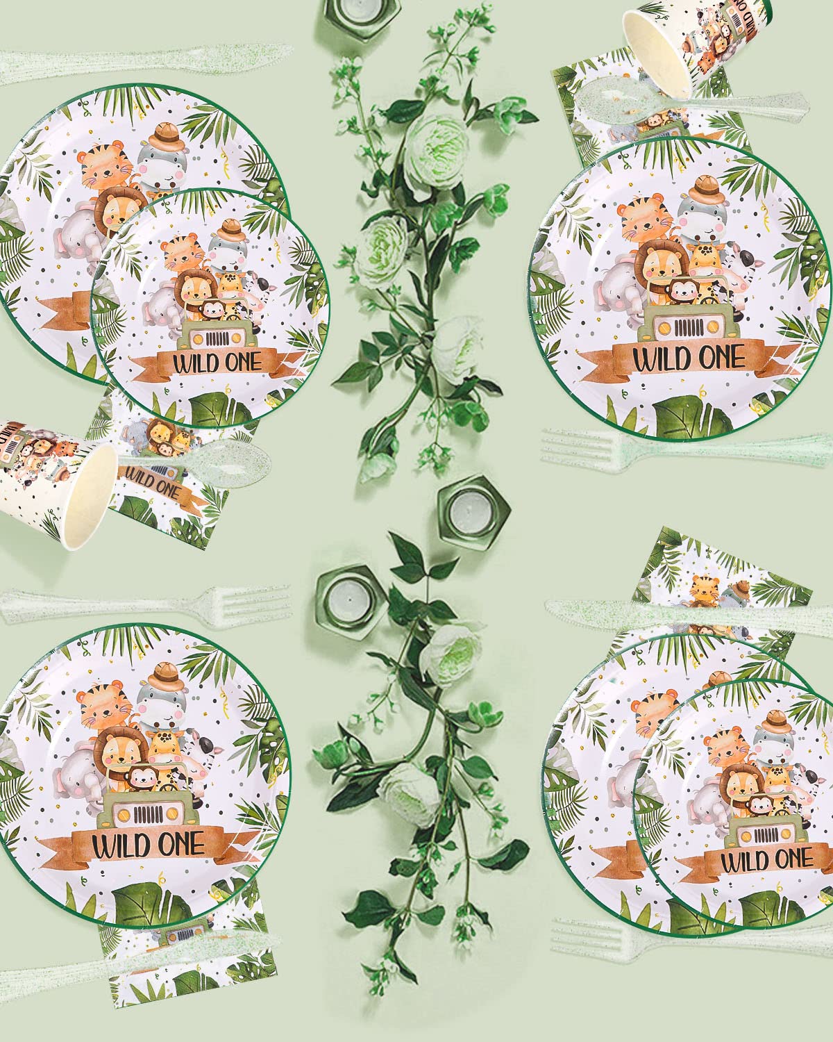 Safari dżungla baby shower dekoracje，30 gości chłopiec artykuły na przyjęcie urodzinowe，zielone zwierzęta tematyczne talerze serwetki kubki i słomki ，jednorazowa zastawa stołowa zestaw