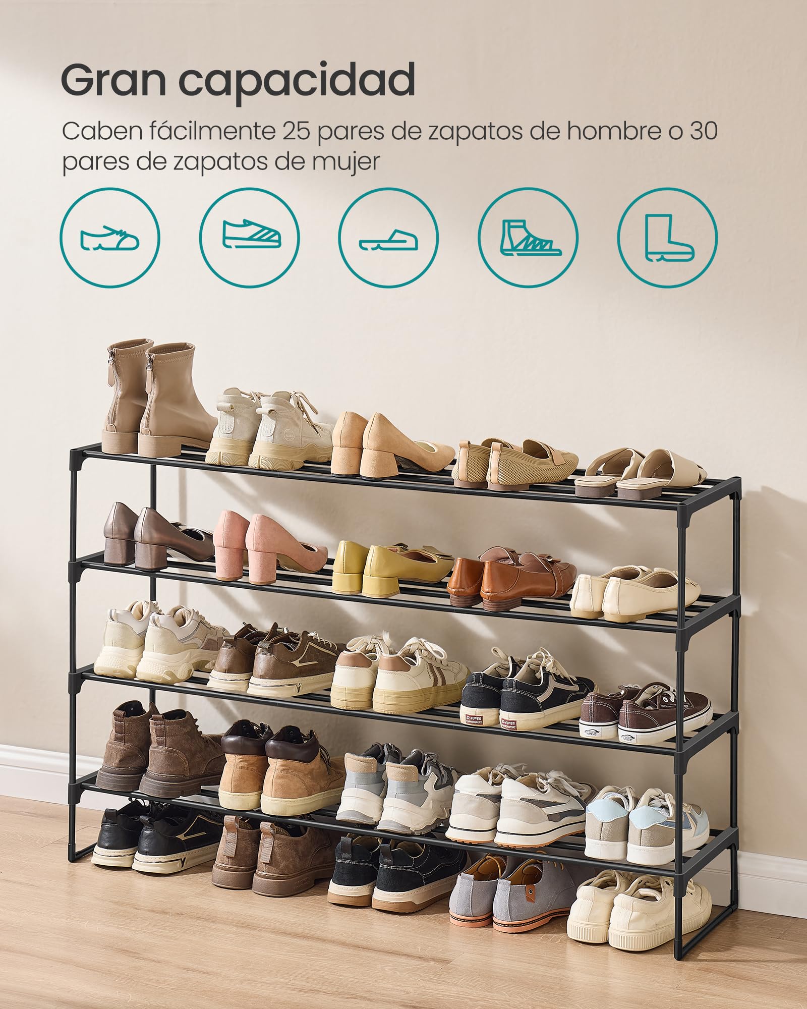 SONGMICS Zapatero de 4 Niveles, Zapatero de Metal, Organizador de Zapatos, para 20-24 Pares de Zapatos, Apilable, Pasillo, 30 x 117 x 75 cm, Negro LSA034B01
