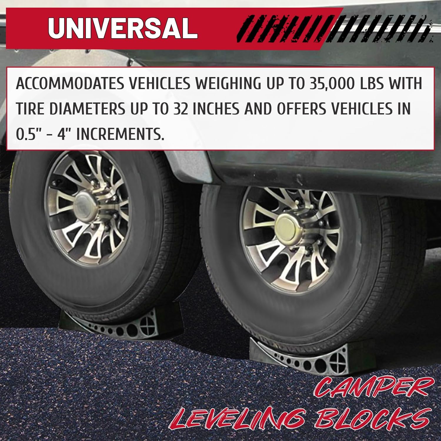 HECASA Camper Leveling Blocks Compatible with RV Camper Van Truck Trailer 35000 LBS 2 Curved Levelers 2 Chocks 2 Rubber Grip Mats Black Camper Leveler Blocks RV Leveling Blocks for Travel Trailer