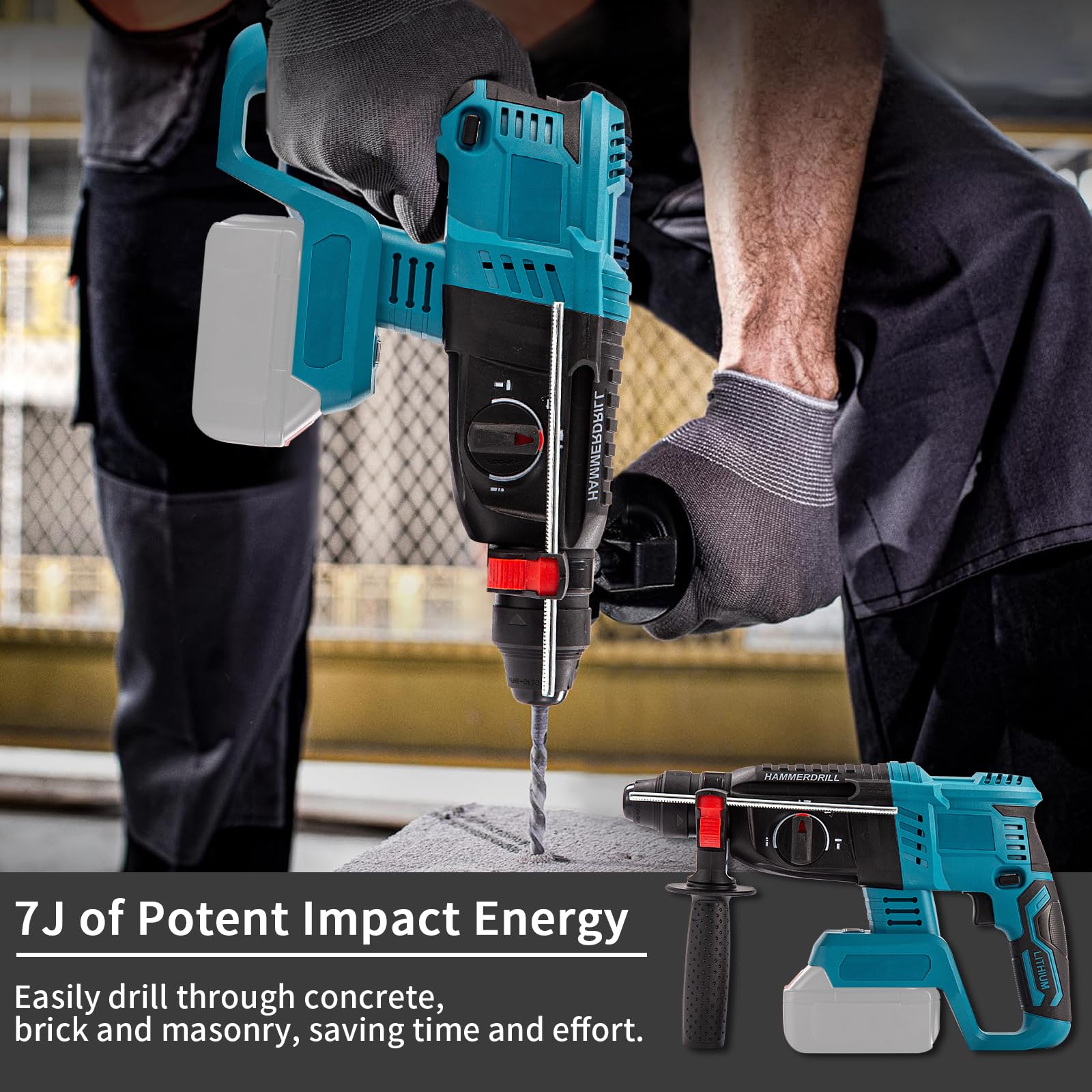 Professional 18V System Akku Bohrhammer,Kompatibel mit Makita Akku 18V mit 10 Stück Bohrer, Anti-Vibrationsgriff und Sicherheitskupplung (ohne Akkus und Ladegerät)