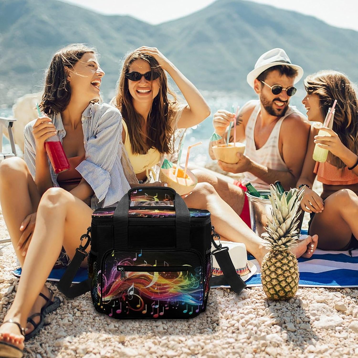 Large-Capacity Oxford Cloth Rainbow Musical Note Melody Printed Camping Ice Bag, Outdoor Portable Insulation and Cold Storage Bag, Enjoy A Cool Camping Time