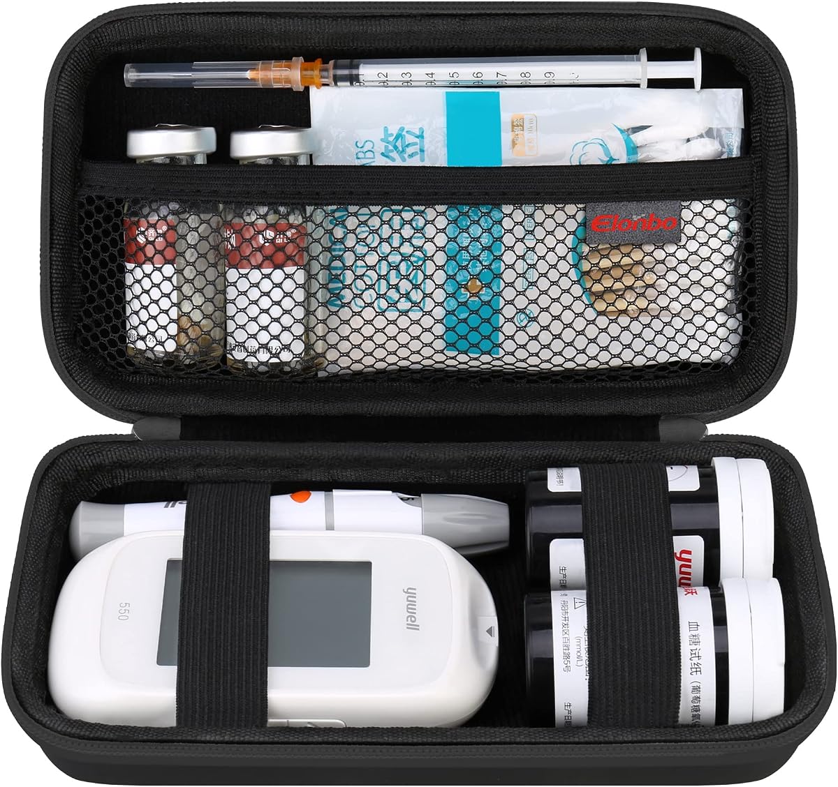 Elonbo Diabetic Supplies Travel Case, Diabetic Supply Organizer Bag, Glucose Meter Storage Case, Insulin Pen Carrying Case for Glucose Monitor, Blood Sugar Test Strips, Lancets, Syringe, Black