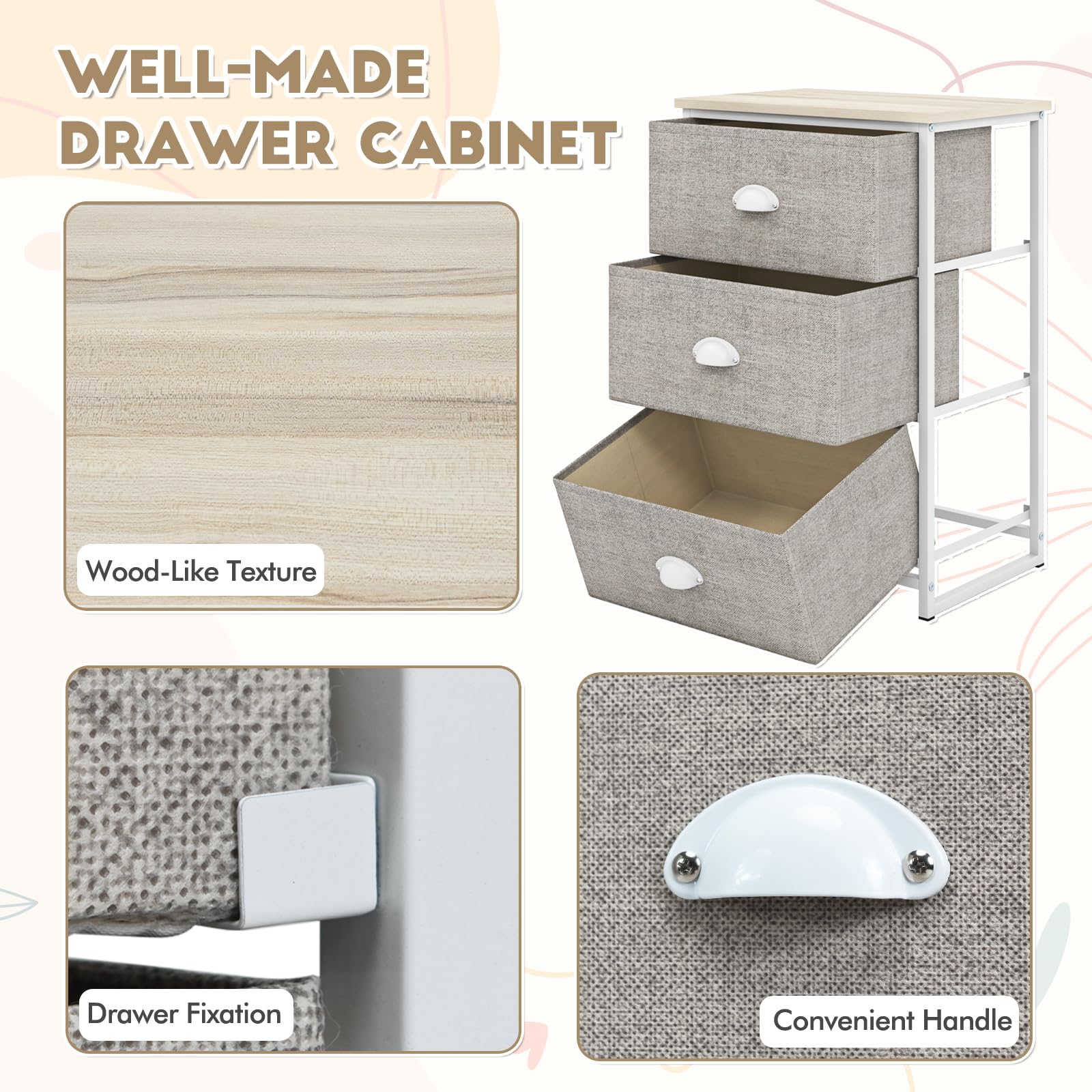 KOMFOTTEU Commode Étroite 4 Tiroirs Tissu Pliable Avec Plateau Bois - Meuble Rangement Robuste Pour Chambre, Salon, Bureau (45 X 30 X 94 Cm)