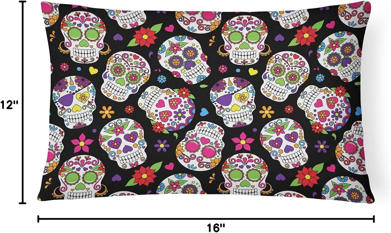 Caroline's Treasures BB5116PW1216 Day of The Dead Black Canvas Fabric Decorative Pillow Machine Washable, Indoor Outdoor Decorative Pillow for Couch, Bed or Patio, 12HX16W