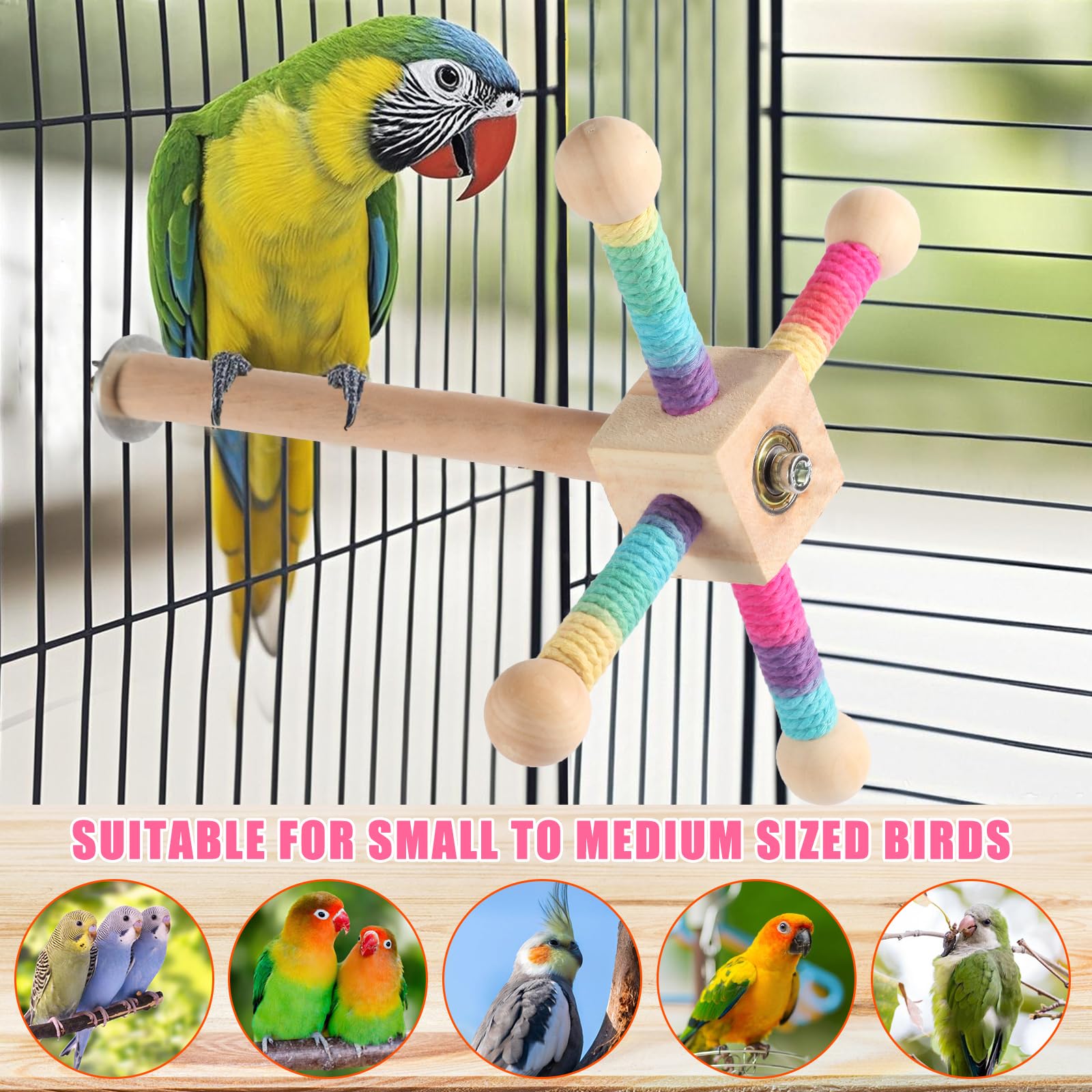 Kyouki Zabawka dla małych i średnich papug, zabawka dla małych i średnich papug, stojak spinningowy 360° dla Conures, Cockatiels, gołąbków, kwakrów, kolorowa zabawka spinningowa z liny sizalowej