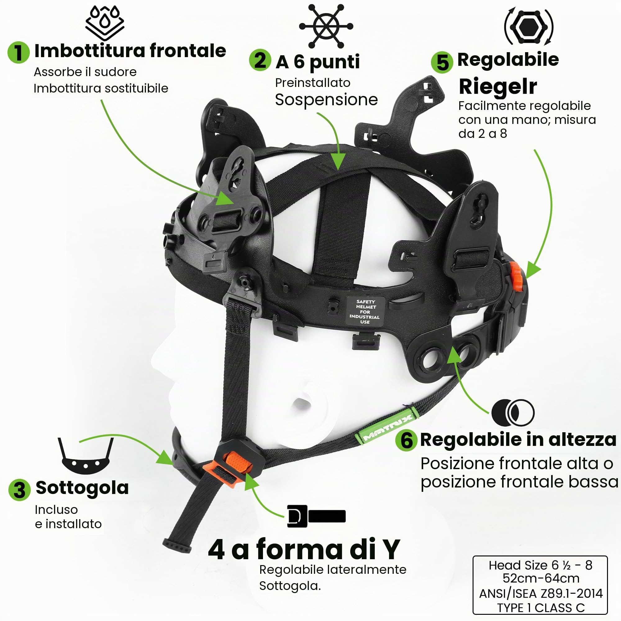 GREEN DEVIL Casco di sicurezza Matrix Full Brim EN 397 – Casco di sicurezza con ventilazione, lampada LED (IPX5), sistema a 6 punti e fodera interna regolabile – Ideale per edilizia, industriale,
