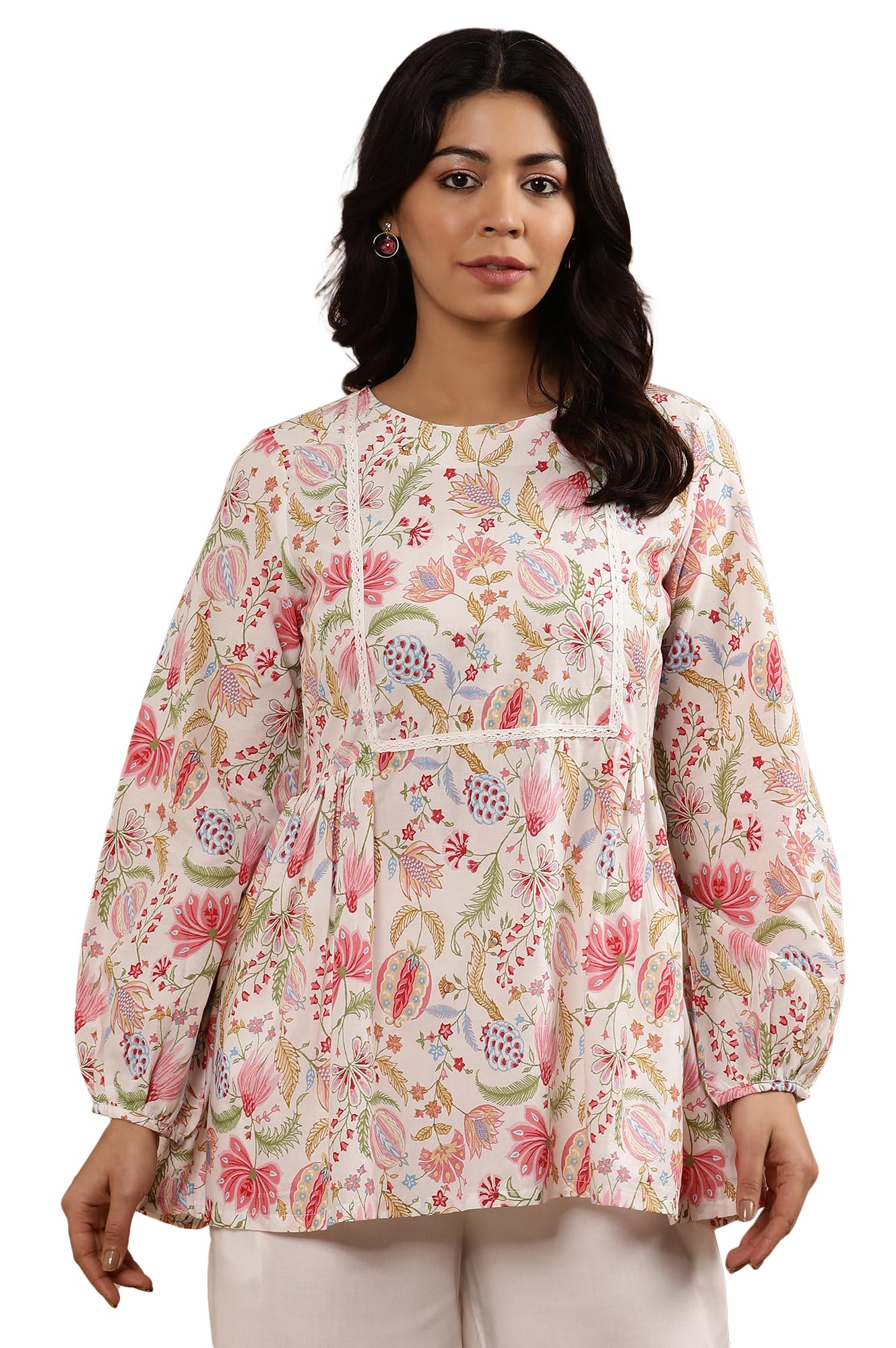 w for woman W Women White Floral Print Cotton Top with Parallel Pant-picture-12